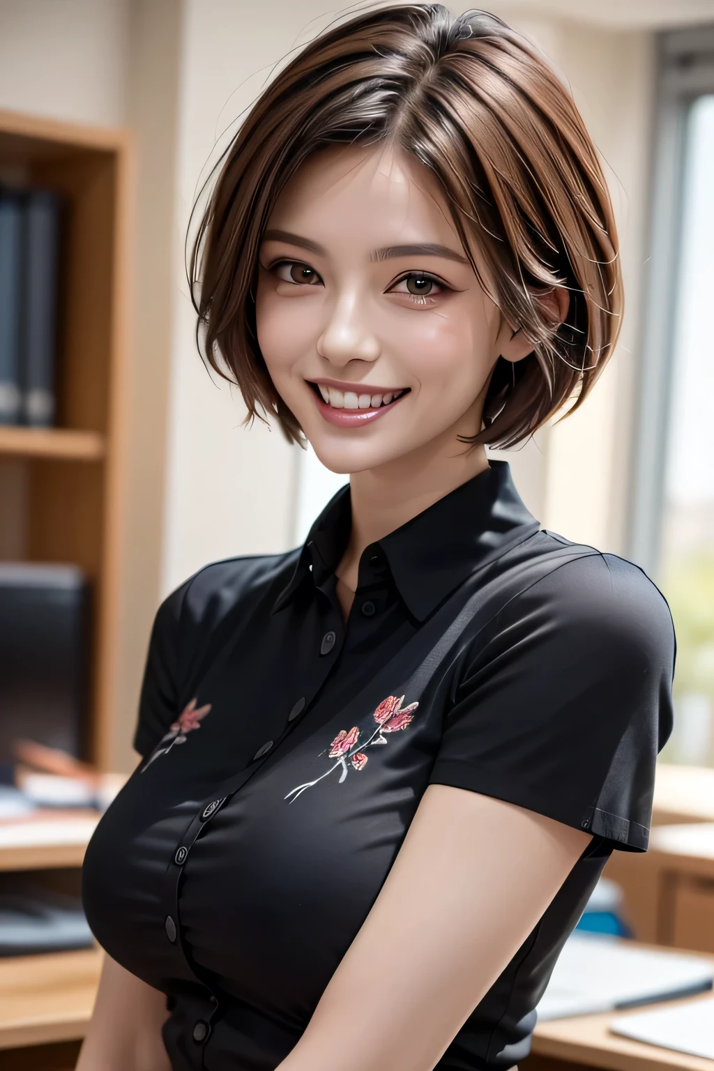 ((masterpiece )), (( Top Quality)), ((16k)), (( surreal)), (( realistic)), ( mature), (( No classes)), very detailed , ( 1 female ), Beautiful and exquisite, (Beautiful Teeth), grin, brunette pixie cut, brown eyes, ((Black shirt decorated with detailed patterns)), ( upper body), (( office)), perfect eyes, amazing eyes, look at the audience with your body facing the front