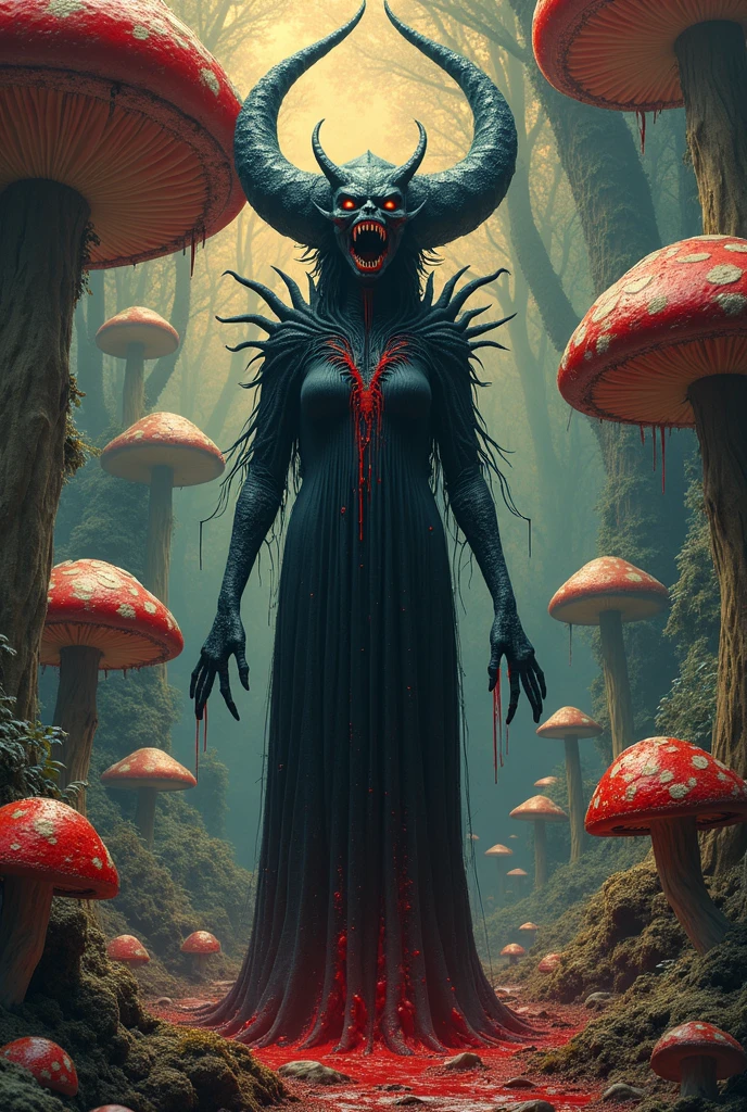 nightmare world A dense, glowing white forest, a stream of black water, A woman wears a hospital gown, old and torn, covered in black and red blood, no skull, mouth wide open. a monster with insect-like legs hiding in the head of a 's porcelain clown doll, which has cracks hidden in the bushes. The ground is like melting plastic, Horror, Nightmare, UnrealEngine5, Realistic