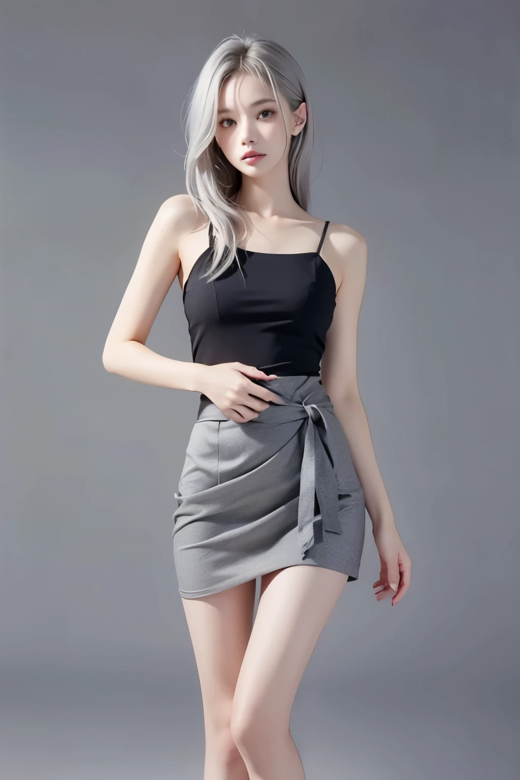  girl,  Silver hair , plain grey background ,  waist-deep ,  short skirt ,  slender legs 