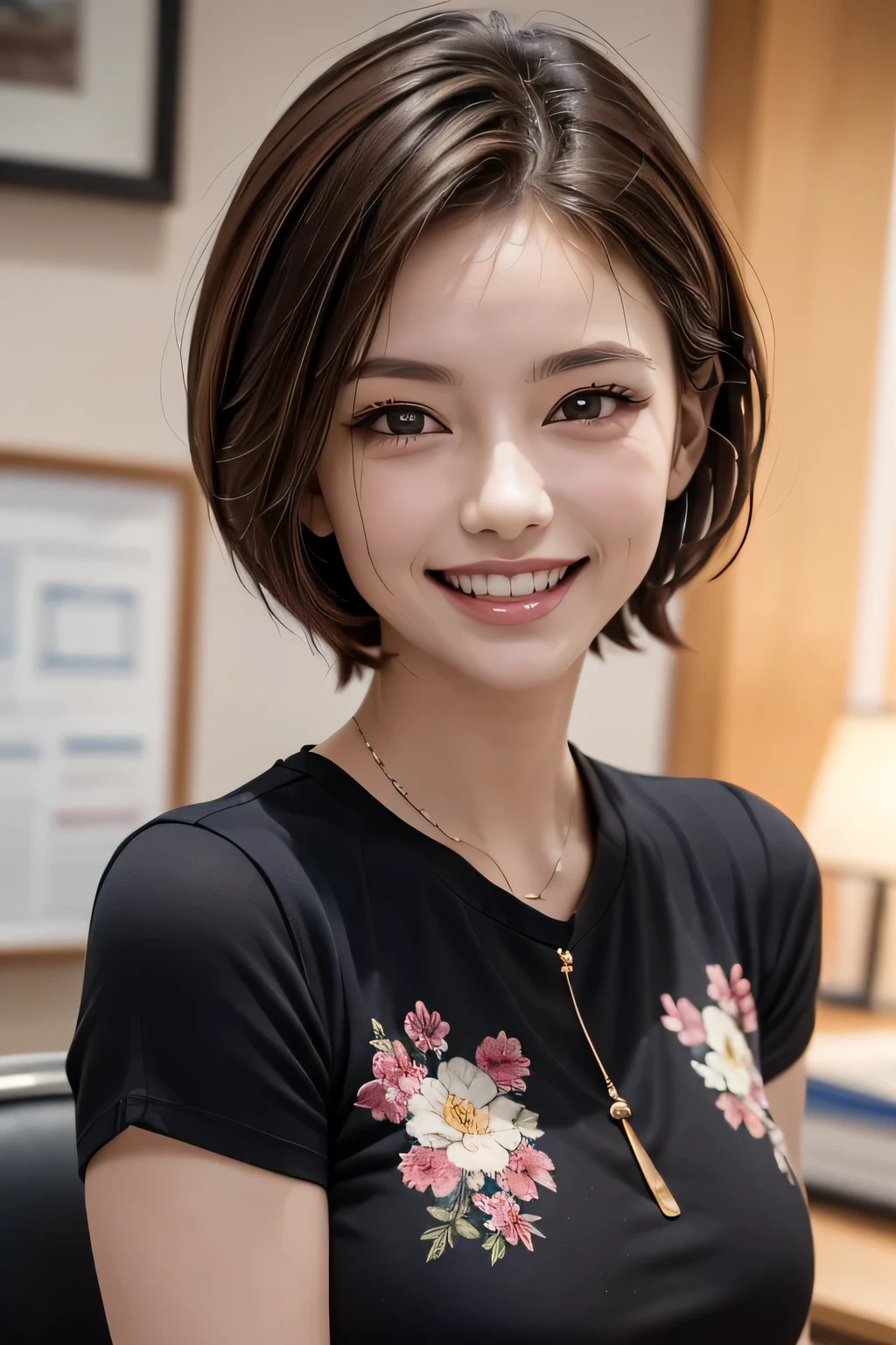 ((masterpiece )), (( Top Quality)), ((16k)), (( surreal)), ((  realistic)), (  mature), (( No classes)),     very detailed , ( 1 female ), Beautiful and exquisite, (Beautiful Teeth), grin,  brunette pixie cut,  brown eyes, ((Black shirt decorated with detailed patterns)), ( upper body), (( office)),  perfect eyes, amazing eyes,  look at the audience with your body facing the front  