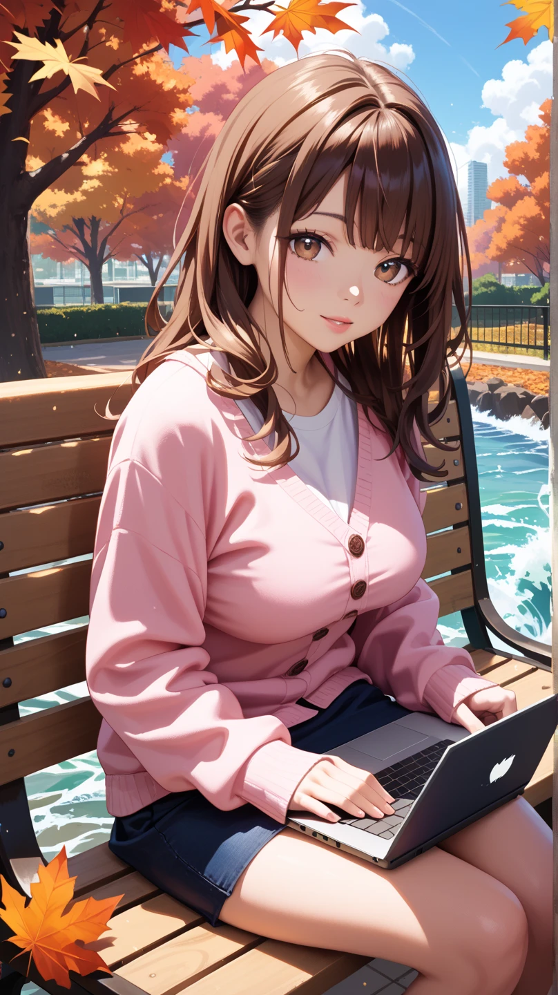 masterpiece, Best Quality, Single, Solo, Beautiful, (long Wave Hair, Bangs, Brown hair), (Brown-eyed, Realistic eyes), large breasts, Dynamic Angle, Perfect body, casual clothes, pink cardigan, short skirt, autumn, central park, sitting on the bench, ((use a laptop)), close up,