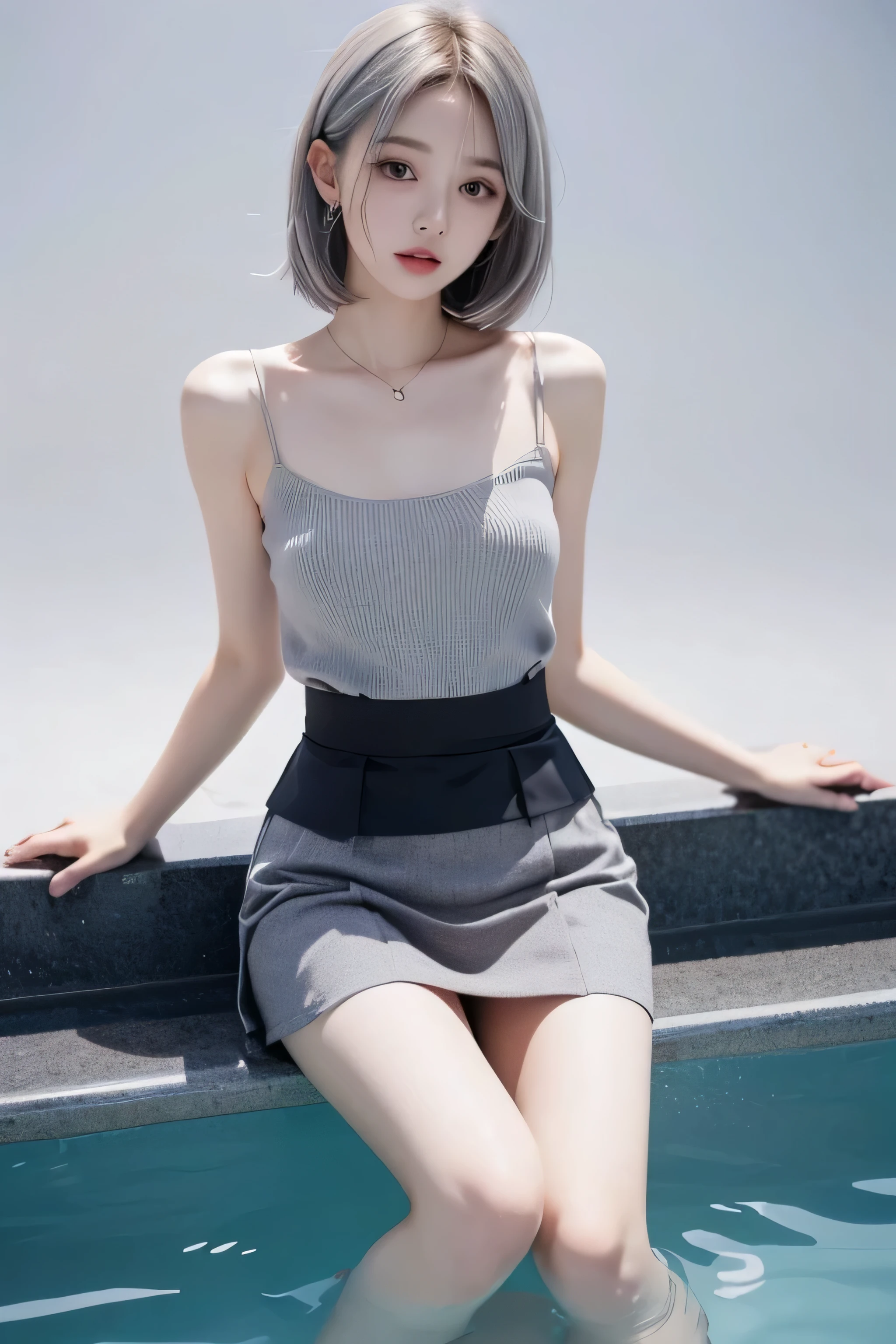  girl,  Silver hair , plain grey background ,  waist-deep ,  short skirt 