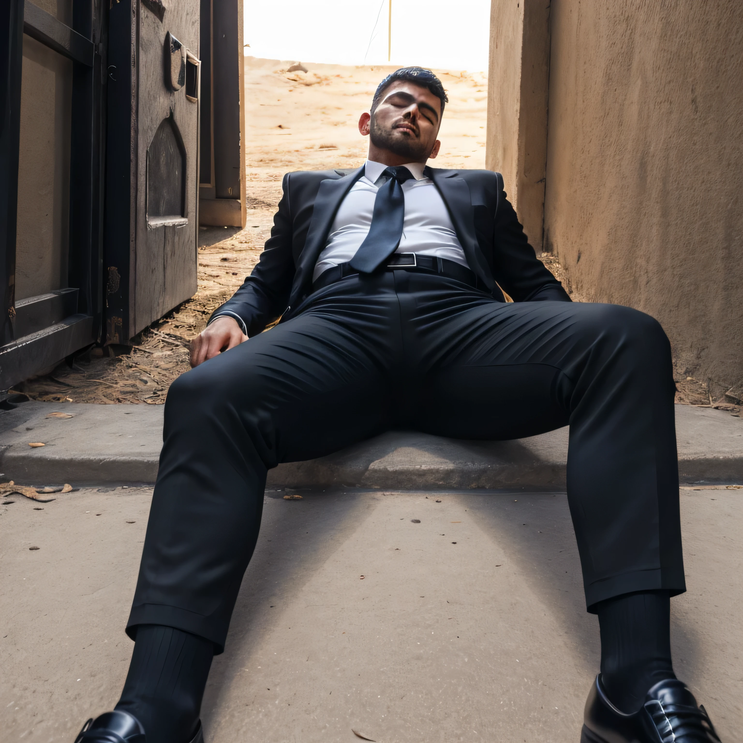 50 years old, One Man,、 black suit、black tie、black slim pants、Black socks。In front of the gate、 Gunfight、Man Who Was Shot logic, Gay, black hair、Short Hair。 very short hair 、 arabic face Lies on the Ground、 open her legs 、 Seen From Below。 upper body up black slim pants black slim pants Sleeping