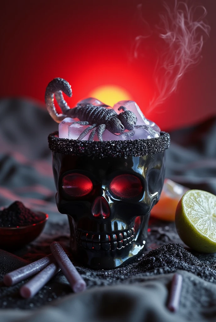 (best quality, 128k,highres,masterpiece:1.2),ultra-detailed,(realistic,photorealistic,photo-realistic:1.37), ((masterpiece)) ((photography)) ((Highest quality))  A terrifying cocktail titled "Venin Mortel" served in a black glass shaped like a skull.  
The drink features activated charcoal-infused gin, lime juice, and a floating edible scorpion encased in ice.  
The rim of the glass is lined with crushed black licorice, and the drink emits a smoky mist from dry ice.  
Ingredients are displayed around the glass: a lime, a small bowl of activated charcoal powder, licorice sticks, and an edible scorpion.  
The background is a shadowy desert with a red sunset.