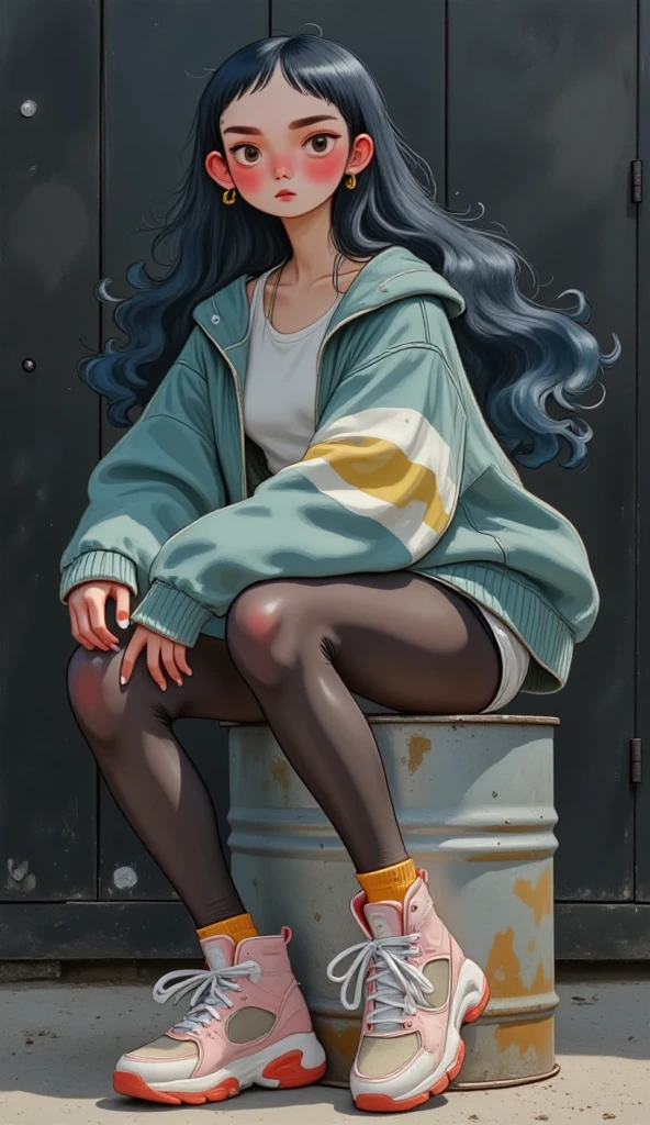  a close up  (backside ) (front body) (Urban pose )of a woman wearing loose shorts , un hoodie oversize Visceral_Clothing, long stockings with ,  huge retro urban sneakers  , She is sitting on a metal barrel , with her  " hands tucked into the hoodie bags ",  the camera is under , " look at the camera with her head down  ,  blue-black hair  ,  slanted eyes ,  thicker upper lip  , A photorealistic painting by Ilya Kuvshinov , trendy in cg society, fantastic realism, artgerm e Ilya Kuvshinov, Artgerm and Atey Ghailan, digital art Ilya Kuvshinov , art style : Ilya Kuvshinov, urban style, technicolor, hdr, monochrome background, color llamativo (8K) ( Negative Promts : extra legs, extra hands , EXTRA FINGERS)