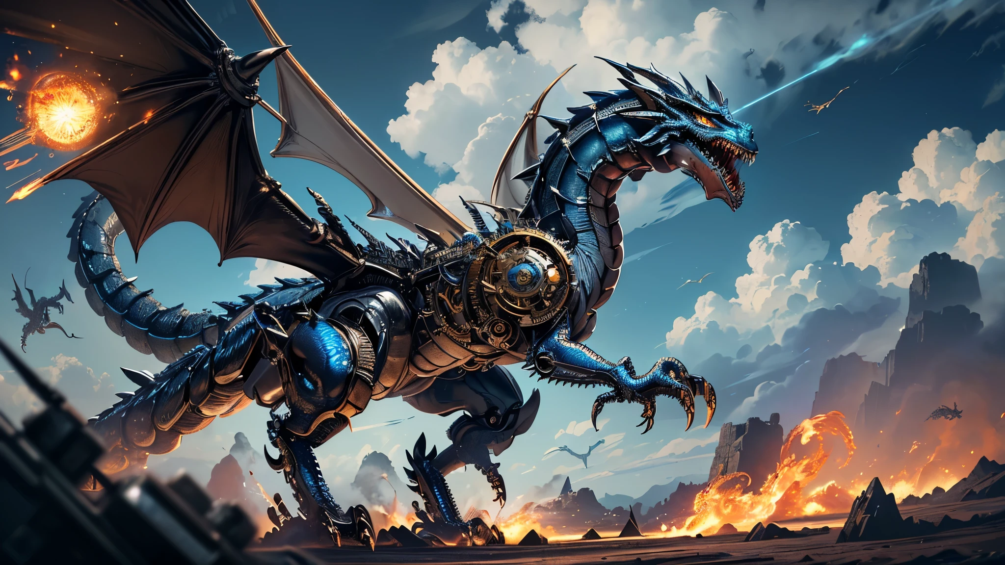 ((best picture quality)), (masterpiece), (realistic), metallic form of pterosaurs, slender body, (waving metal wings), electric, with fantasy elements, flying posture, flying wings gliding, huge wings, surrounded by clouds, hot sunlight directly on the body, soft diffuse sunlight through the clouds, to J.R.R. Beautifully depicted in Tolkien's surrealist style, and using digital painting as the medium, this work captures the vivid colors of the sky and the metallic tones of the pterosaur's body with stunning detail that makes it a true masterpiece, the high quality 4K resolution and the use of Unreal Engine 4 bring this magical world to life, the uplook Angle, the scenery, the masterpiece. Unreal 5, Dazzling, surreal, octane rendering, <lora:Mech4nim4lAI:0.8>