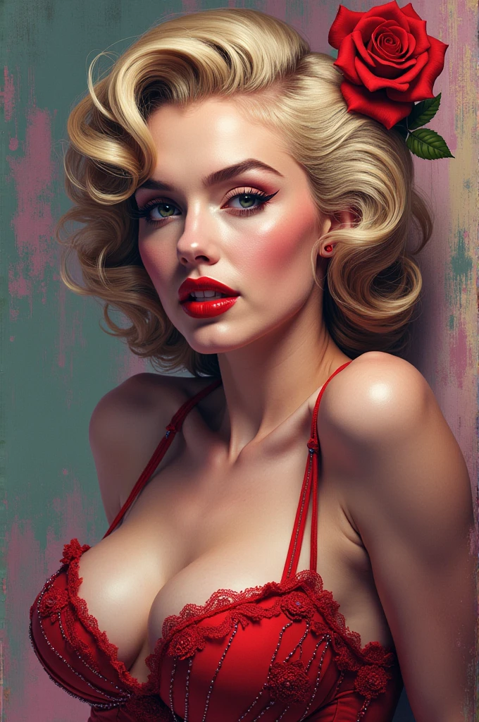 Marilyn Monroe, big eyes, 20 years old, blue eyes, curly hair, upper body, Top Quality, Masterpiece, 1 Girl, Beautiful Face, (Photorealistic Photos:1.3), Rim Lighting, (High Detail Skin:1.2), 8K UHD, DSLR, High Quality, High Definition, 4K, 8K, Bokeh, (Real: 1.3). one hand behind the head and the other on the hips