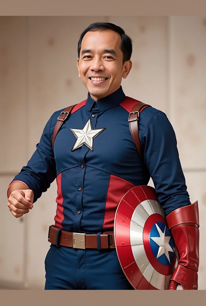 4k, Best quality, masterpiece, ultra high res, beautiful lighting, (realistic, photo-realistic:1.4), realistic background, jokowi, 1man, 50 years old, wear captain america superhero outfit with a concave disk, long shot,