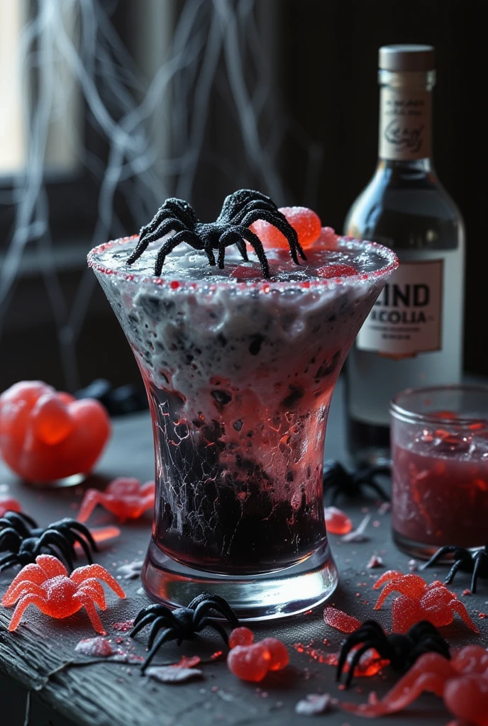 (best quality, 128k,highres,masterpiece:1.2),ultra-detailed,(realistic,photorealistic,photo-realistic:1.37), ((masterpiece)) ((photography)) ((Highest quality))  A grotesque cocktail named "Larmes d’Araignée" served in a cracked, spiderweb-patterned glass.  
The drink mixes black vodka, taro milk, and a hint of mint syrup, with an edible tarantula placed on top.  
The glass is surrounded by gummy spiders and a web-like sugar garnish.  
Ingredients are placed around the glass: a bottle of black vodka, taro root, a jar of mint syrup, and gummy spiders.  
The background is a creepy, abandoned attic with cobwebs everywhere.