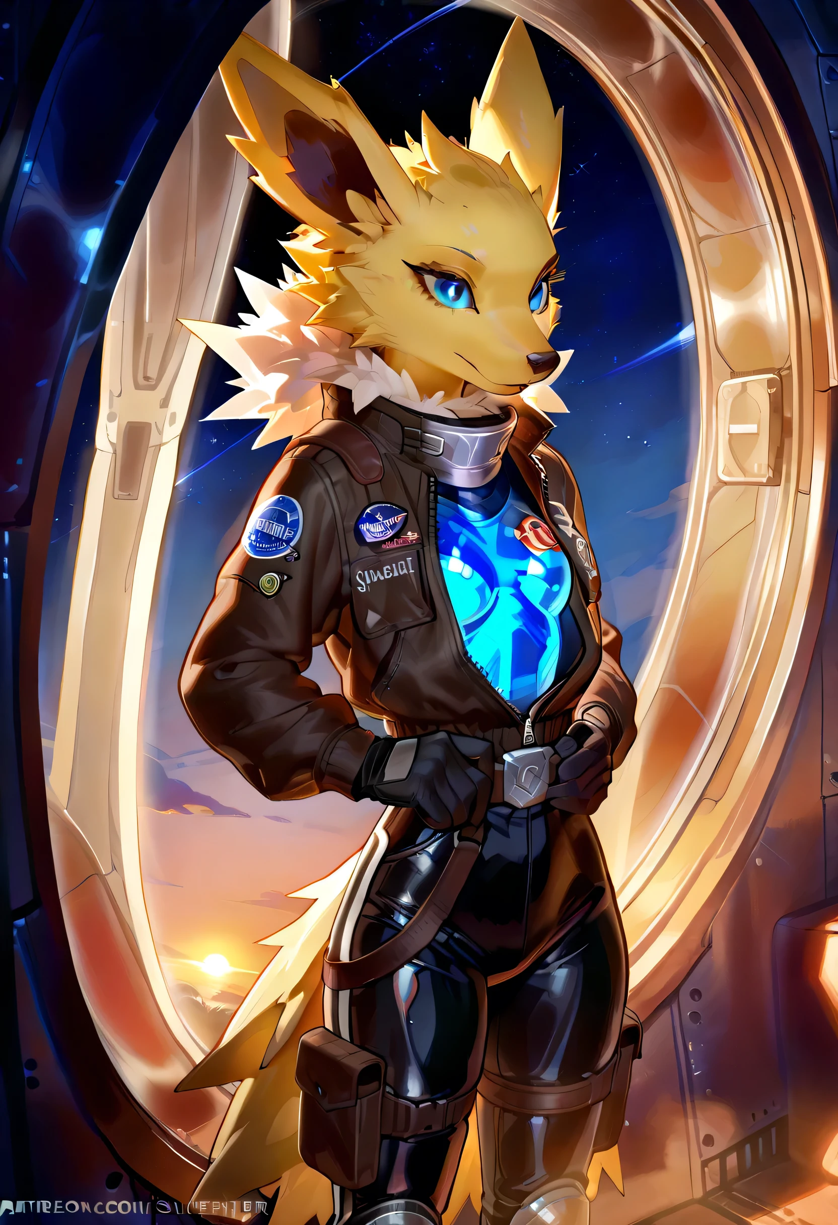 Female jolteon wearing tight space suit,space marine uniform,jolteon fur,beautiful furry art,standing close to space ship window glass with glow frame,space ship room background:1.2,art by silverfox,art by pixelsketcher, slim,beautiful hands,sky blue eyes,black hand gloves,high details fur,high details,iper realistic space marine uniform ,scifi belt,high quality artwork,masterpiece,seethrought grass effect portrait,jolteon tail,jolteon waist fur,black tight aviator jacket