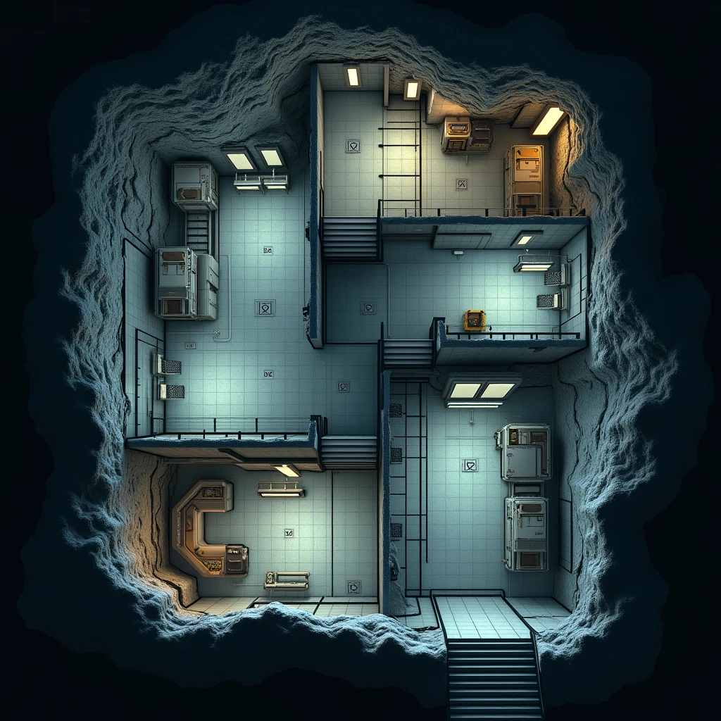 Interior of a  underground facility, 5 rooms, top view