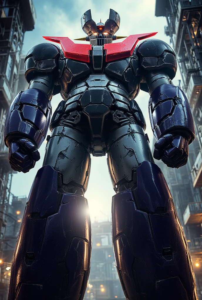  a very realistic version of the modified Mazinger Z,  stands 100 meters high ahead .   It's built with modern materials such as steel  ,   Carbon Fiber  ,   Other industrial elements are also visible  ,   just like the real thing  ,   has been carefully recreated 。.  set in a modern nuclear reactor facility 、 an industrial environment where a high voltage current flows and emits light   ,   Masinger Z standing around  ,   are illuminated by natural light  、  A huge structure highlighted by realistic shadows  . LED light lighting  　Gundam