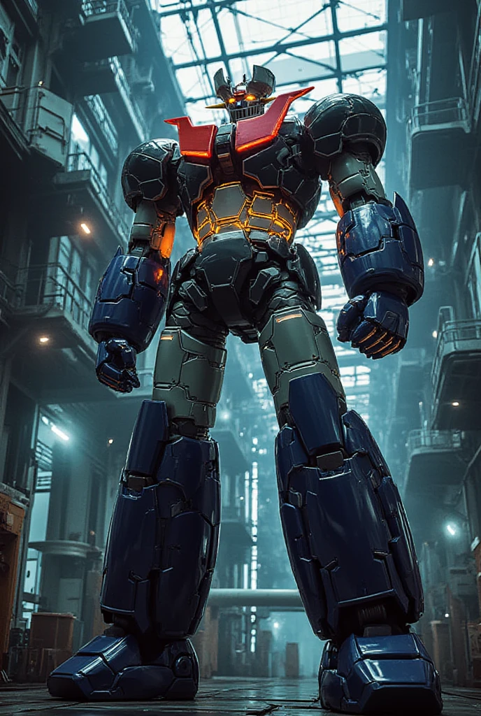  a very realistic version of the modified Mazinger Z,  stands 100 meters high ahead .   It's built with modern materials such as steel  ,   Carbon Fiber  ,   Other industrial elements are also visible  ,   just like the real thing  ,   has been carefully recreated 。.  set in a modern nuclear reactor facility 、 an industrial environment where a high voltage current flows and emits light   ,   Masinger Z standing around  ,   are illuminated by natural light  、  A huge structure highlighted by realistic shadows  . LED light lighting  　Gundam