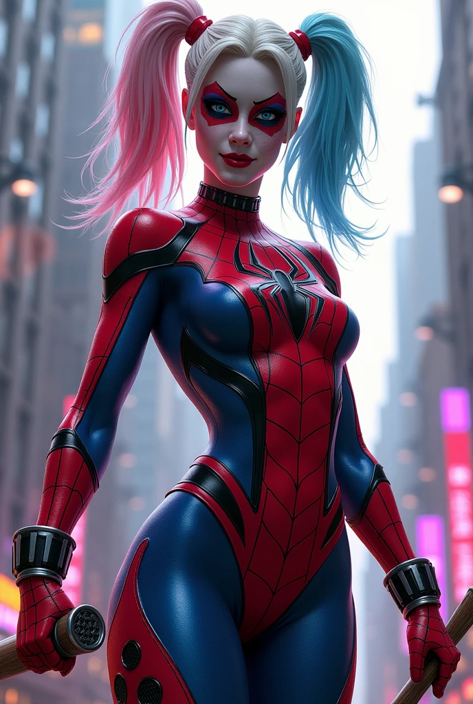 ((A girl wearing a pink, black, and white Spider-Man suit)), with Harley Quinn makeup, ((pink and blue hair)), long pigtail hair, anime pose, inside a nightclub, 16k, 8k, RAW photo, best quality, masterpiece, high detail RAW color photo, dramatic lighting, cinematic lighting, back light, professional lighting
