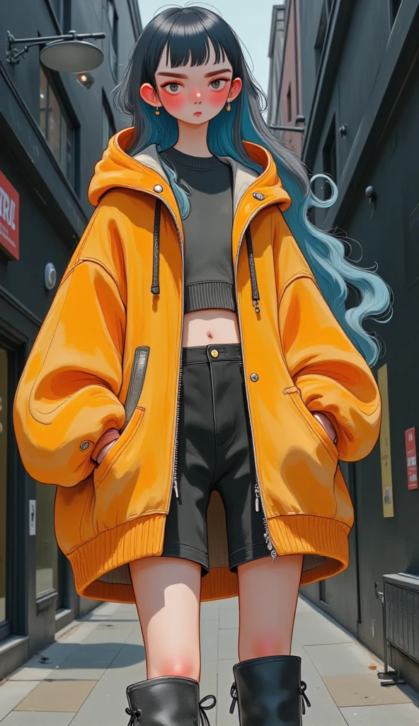  a close up  (backside ) (front body) (Urban pose ) hoodie for a woman with loose fitting shorts, an oversize  ("visceral_Clothing"), long stockings with ,  huge retro urban sneakers  ,stop,  with the legs slightly open , challenging pose, with her  " hands tucked in hoodie bags",  the camera is under , " look at the camera with her head down  ,  blue-black hair  ,  slanted eyes ,  thicker upper lip  , A photorealistic painting by Ilya Kuvshinov , trendy in cg society, fantastic realism, artgerm e Ilya Kuvshinov, Artgerm and Atey Ghailan, digital art Ilya Kuvshinov , art style : Ilya Kuvshinov, urban style, technicolor, hdr, monochrome background, color llamativo (8K) ( Negative Promts : extra legs, extra hands , EXTRA FINGERS)