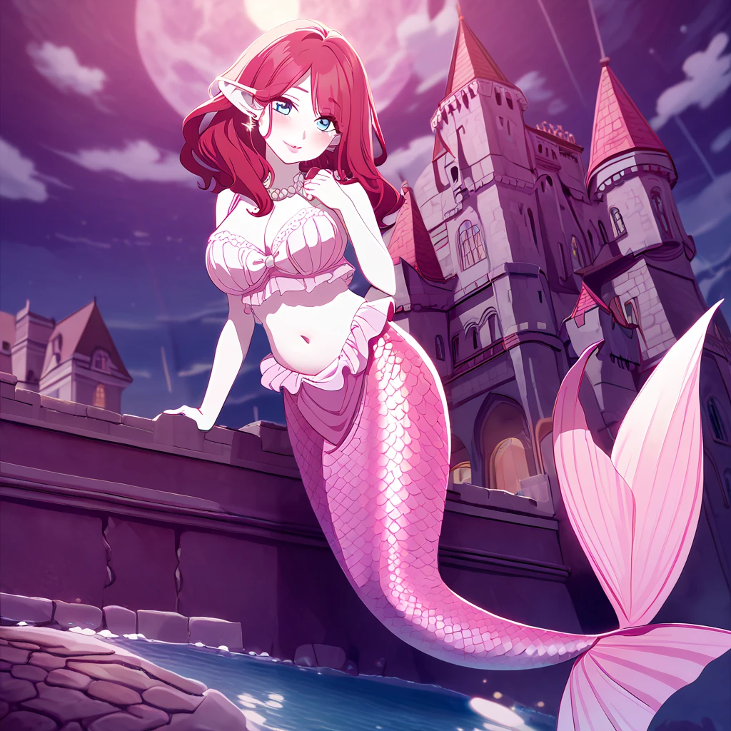 Anime mermaid girl beautiful, pink mermaid, pink mermaid tail below waistline, scales mermaid tail, long mermaid tail, pale skin, red hair, fin ears, diamond earings, pearl necklace, blue eyes, red blush, pink lips, pink bra, belly, large breasts, cleavage, looking at viewer, shy, smile, night, castle, full body, 