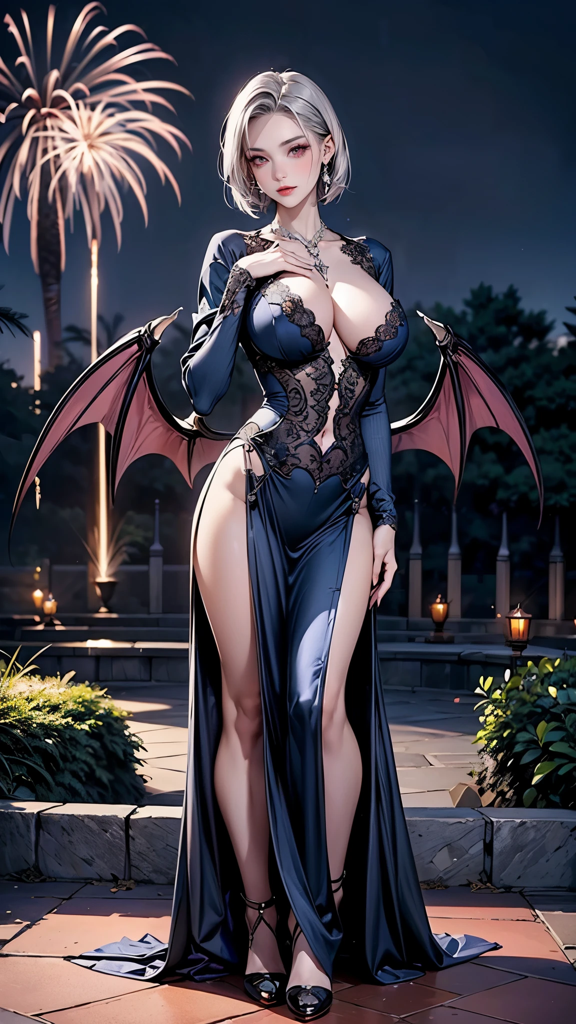 Sensual 24 years old female, a faint smile (A gorgeous vampire female), BalenciagaStyle, goth Renaissance, beautiful silver hair, beautiful red eyes, sleek ultra short hair, BREAK (Elegant sexy top with intricate beautiful patterns, navy blue, silver, underboobs:0.8), (her back has beautiful two vampire wings), ((elegant navy blue vampire outfit, intricate designed, silver lace)), BREAK I can see my belly button, ((Wear gorgeous design necklace, earrings, bracelet)), Wear stiletto heels, (Place your left hand on your hips, (((place your right hand on your chest))), she has been captured audience attention, ), ((extremely description, new year party, outside, beautiful big fireworks, vampire castle, garden, night, night sky , fantasy story , people:1.3)), (((absolutely detailed beautiful face, sexy face, ((extremely detailed, full body)),)))