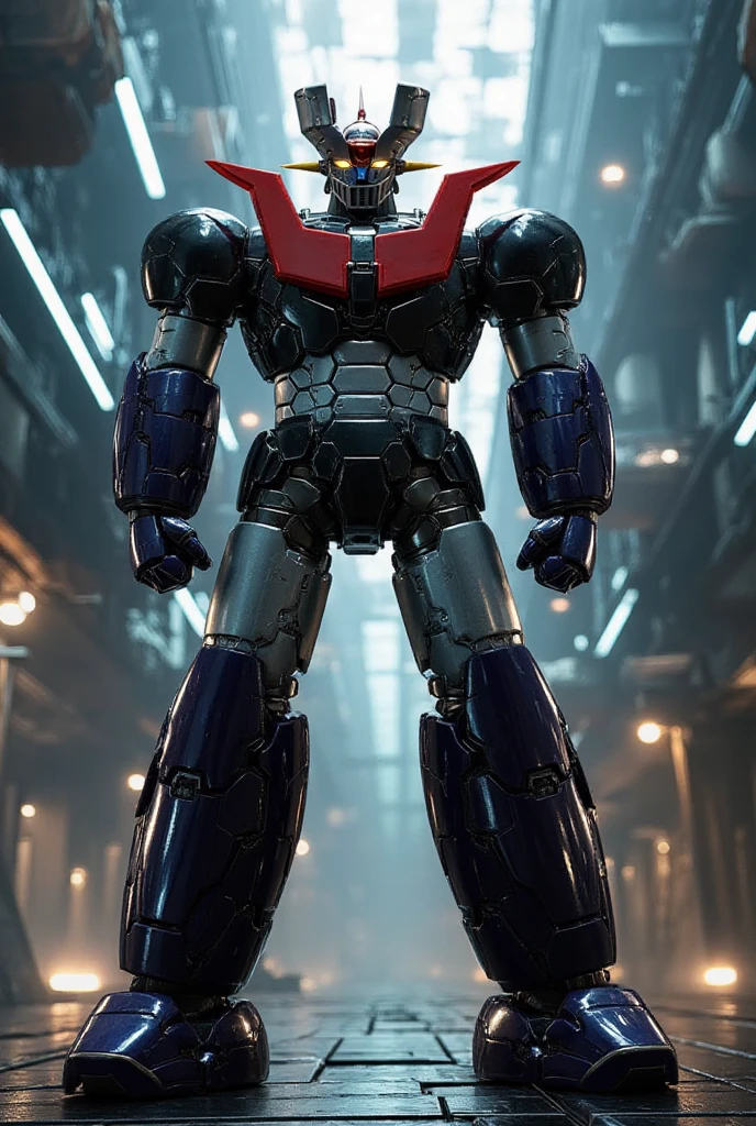  very realistic version of the modified Mazinger Z ,  with a 100 meter high Great Mazinger standing in a combat position .   It's built with modern materials such as steel  ,Steel body  ,   just like the real thing  ,   has been carefully recreated 。.  set in a modern nuclear reactor facility 、 an industrial environment where a high voltage current flows and emits light   ,   Masinger Z standing around  ,   are illuminated by natural light  、  A huge structure highlighted by realistic shadows  . LED light lighting  　Gundam