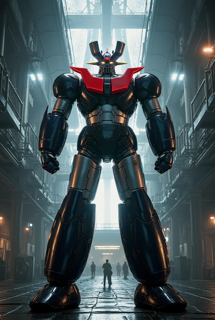  very realistic version of the modified Mazinger Z ,  with a 100 meter high Great Mazinger standing in a combat position .   It's built with modern materials such as steel  ,Steel body  ,   just like the real thing  ,   has been carefully recreated 。.  set in a modern nuclear reactor facility 、 an industrial environment where a high voltage current flows and emits light   ,   Masinger Z standing around  ,   are illuminated by natural light  、  A huge structure highlighted by realistic shadows  . LED light lighting  　Gundam