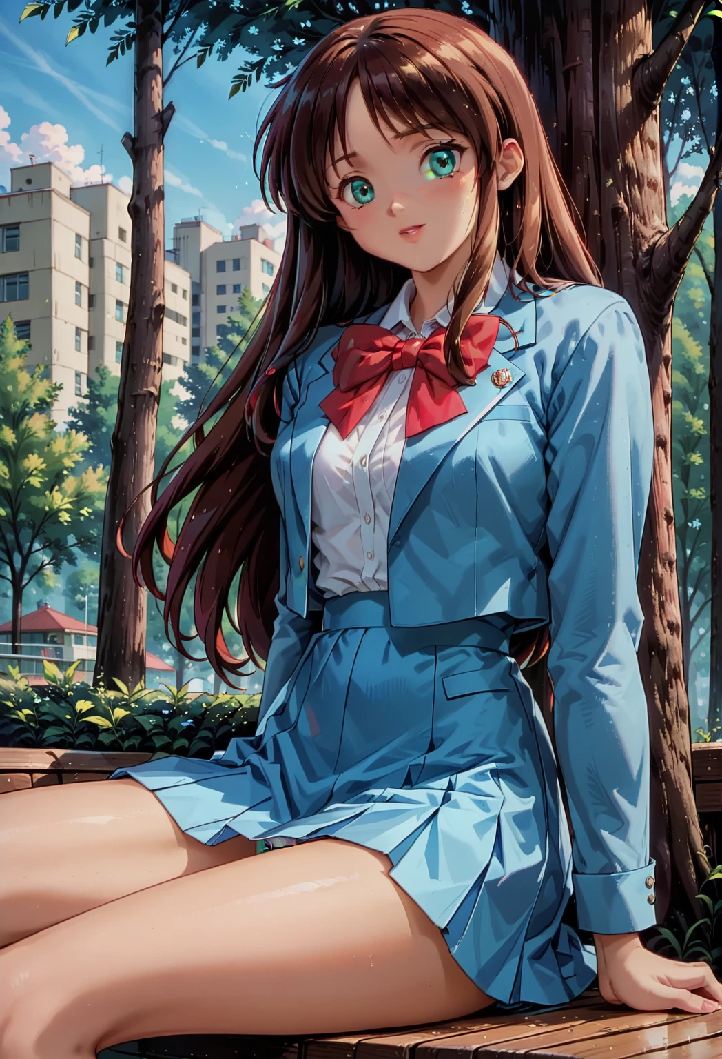 close-up,  depth of field, Alone,  1 girl,  pretty face ,  long hair,  brown hair, Turquoise eyes,  skirt , blue  skirt ,  shirt, white  shirt, bow, red bow, red bowtie,  school uniform,  jacket, blue  jacket,   long sleeve  ,  red tie, bowtie,  is sitting,  wariza, w  is sitting,  visible panties ,   white panties , on glass, Outdoors, glass, tree shade,panties,skirt lift