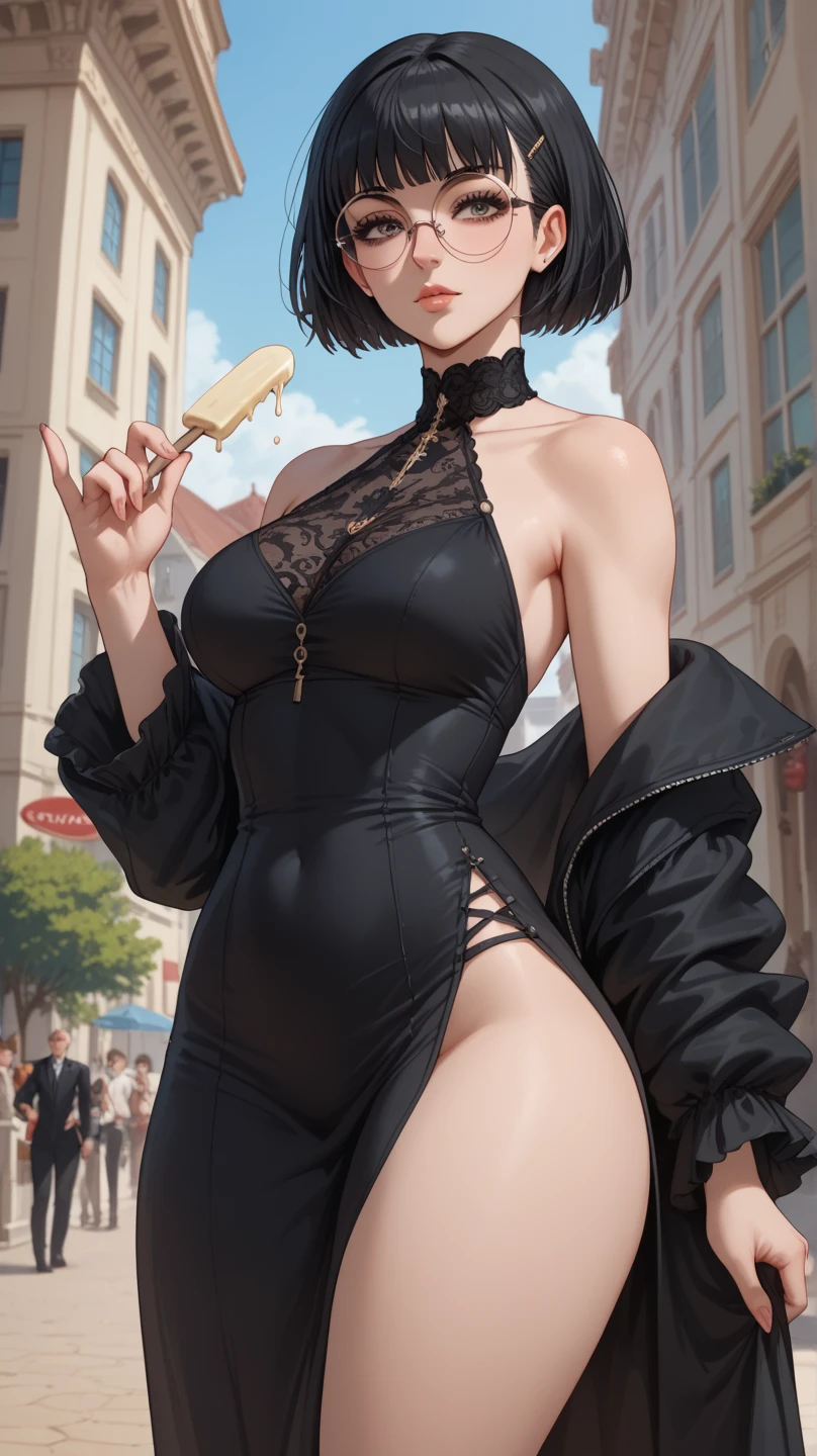 Open the chest,ssmile,tmasterpiece,high high quality,transcendent beautiful girl,Exposed chest, Huge_Breasts, Wide_lower back,open stance, Masterpiece, Best quality, Capture super cute moments, Depth of field, Ultra detailed,(1girll:1.3),extremy detailed,rich colourful,highest details,icecream