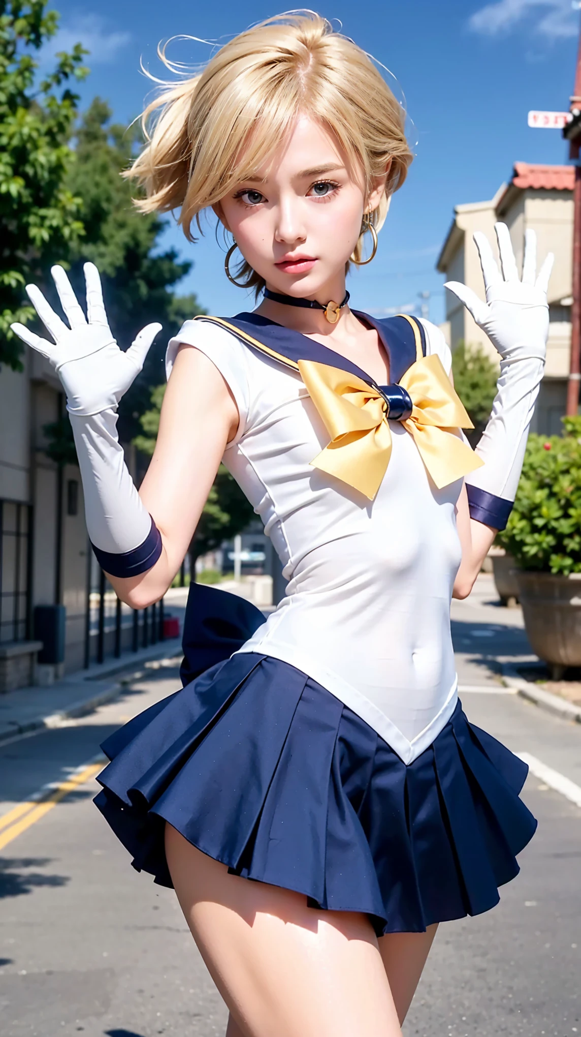 1 person, cute girl ((Thigh Emphasis)), young and beautiful Japanese woman, with large breasts, open, ((sailor soldier uniform wearing elbow)), Sailor Uranus, tie, knee-high boots, choker necklace, bow tie on the golden yellow chest, white gloves, dark blue elbow-length gloves, dark blue choker necklace, small blue pearl earrings, ((Very Short Blue Pleated Mini Skirt)), (flip skirt), (white underwear), very beautiful face,Cute type, (slightly round face), sparkling red lips, beautiful big eyes, blue eyes, large pupils, Prominent double eyelids, (natural makeup), bright soft light, (((golden blonde hair))), super short golden blonde hair, Hair details: Asymmetrical short bob hairstyle, Short ending above the neck, Golden light blonde color, A bob style with slightly inward-curving ends, giving a thick and neat impression, fine and slightly wavy texture, providing a natural yet well-groomed look. The bangs are styled to the side, forming a diagonal line that frames the face.【 imaging center, 8k resolution,】 Attention to Detail, detailed hairstyle, detailed aspects,Writing a script for a movie, super realistic, anatomically accurate, perfect figure,Beautiful legs, thick thighs, Large breasts, (provocative and dynamic pose), blonde hair, (hands drawn perfectly):3.8, realistic Japanese girl cosplayer. More details on the shape and color should match the realistic reference image.