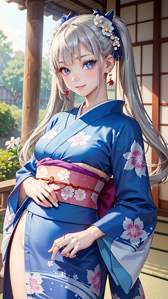 A masterpiece, ultra high definition, ultra HD quality, the most beautiful woman in history, anime, slender body, (large breasts), tall height, small face, well-balanced proportions, (shiny hair, silver hair:1.2), (twin tails hair:1.3), (long bangs), (has beautiful shining eyes), (clear Blue eyes), (((shining highlights:1.3))), long eyelashes, pink lips, beautifully precise and delicate hand and finger creation, divine smile, (((Japanese kimono / Blue colored furisode))), (((gorgeous floral kimono))), (White Phalaenopsis accessory:1.2), ((Hairpin)), (small earrings, ring), upper body, beautiful standing posture like a fashion model, Japanese shrine, torii gate
