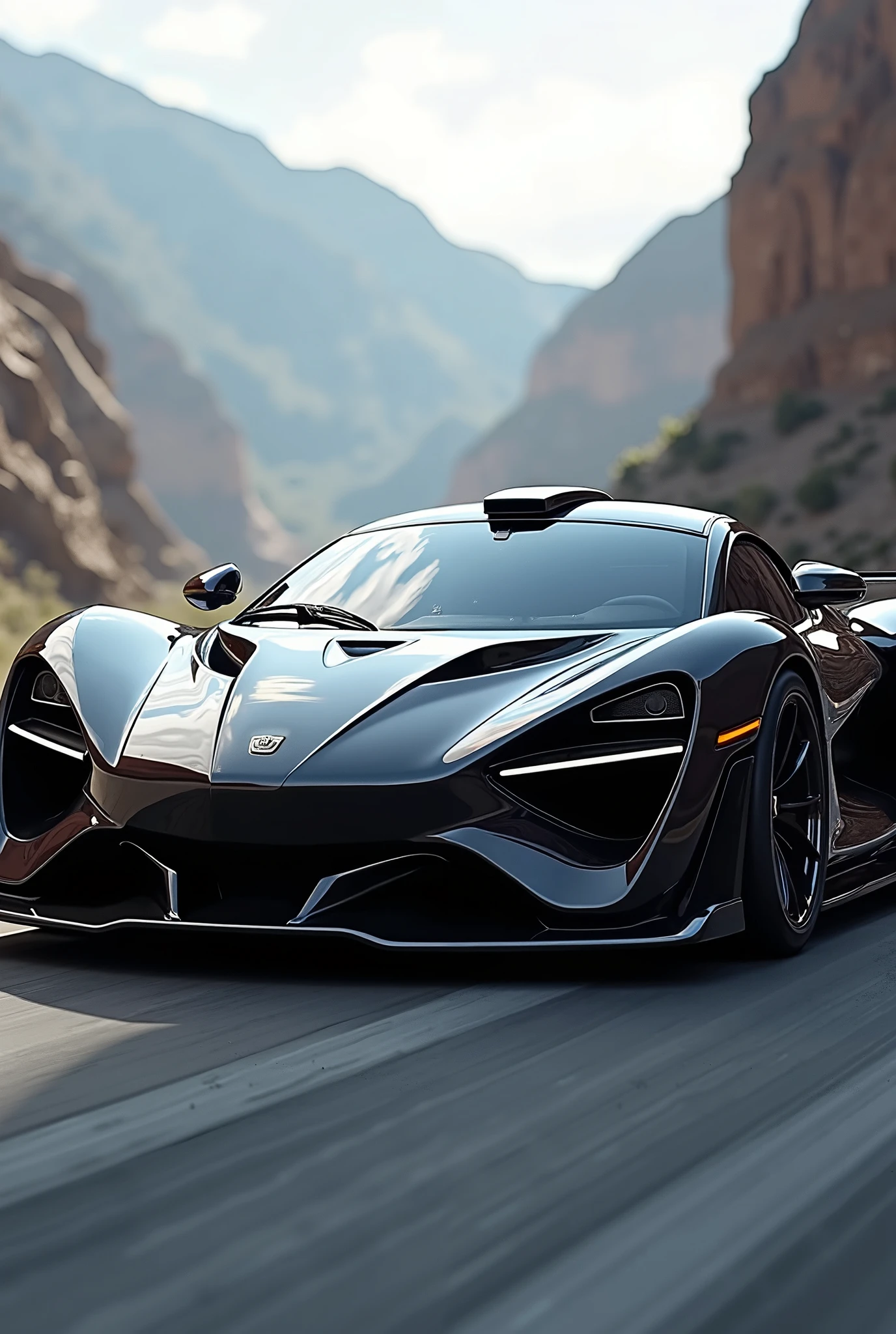Arafed sports car driving on a mountain road with mountains in the ...