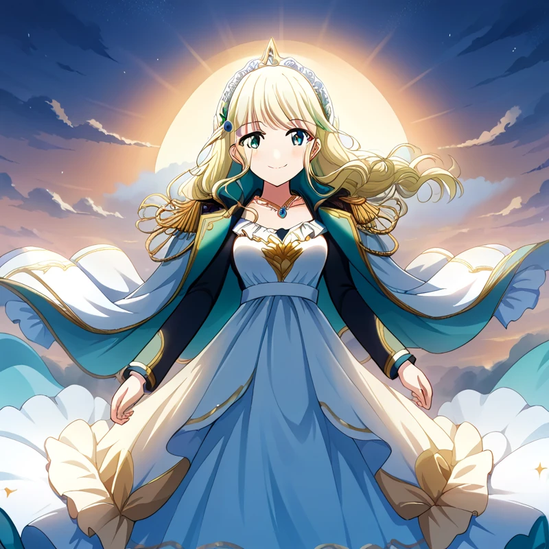 score_9, score_8_consolation, score_7_consolation, score_6_consolation, 1 woman, Shiori ,  blond hair , Long hair , shoulder jacket, Epolite , headdress,  cool wind ,  princess dress , long dress, seafront, sunset,  light smile  , necklace
