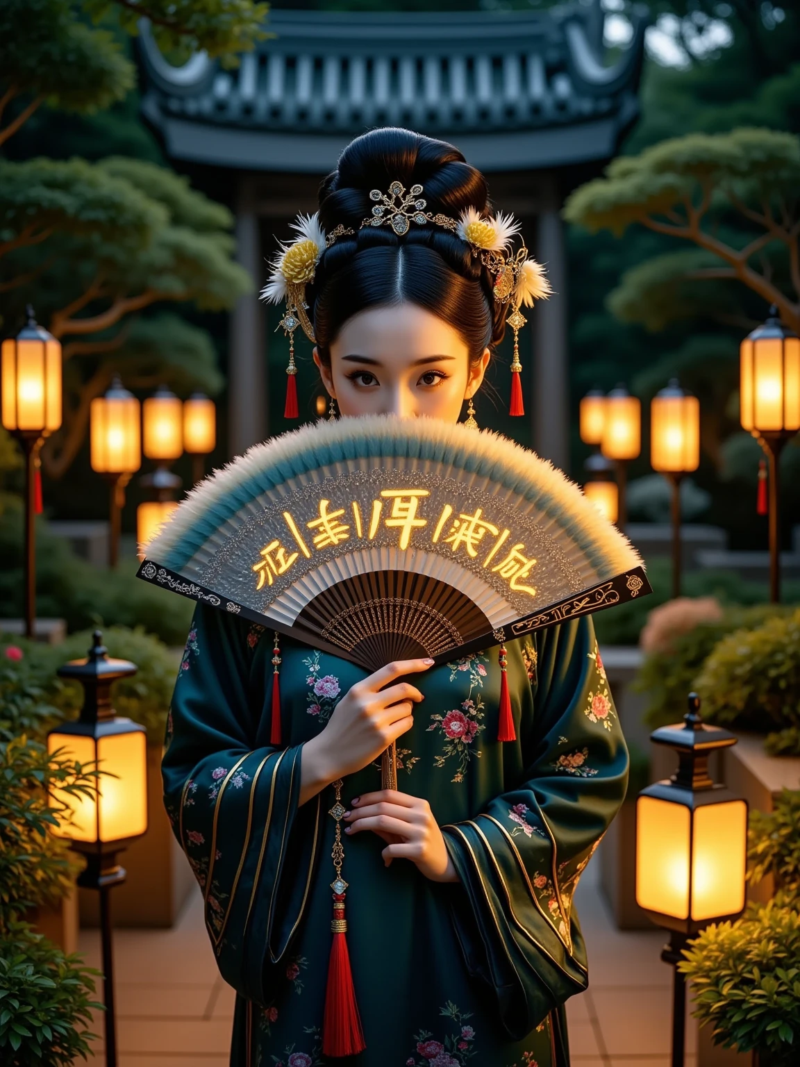  This is a surreal portrait ， depicts a luxurious 、Futuristic、 A sophisticated Chinese woman standing in a high-tech garden illuminated by soft nighttime lighting。 She holds an extraordinary bionic fan ， made of a flexible light-emitting LED panel ， with glowing Chinese characters ， emits mysterious fluorescence 。 The fan covers part of her face ，, you can only see her sharp and expressive eyes ，Exudes elegance and mystery， and her quasi-bionic hairstyle inspired by Chinese alien galaxy culture 。In the background， The garden is complemented by subtle futuristic elements ， like holographic flowers and softly glowing paths ， all bathed in warmth In the golden light ， reminiscent of a traditional lantern ， but has unprecedented futuristic modernity 、The beauty of fashion 。 This atmosphere conveys a seamless combination of traditional elegance and cutting-edge bionic technology ， highlights tradition and tradition The fascinating interaction of innovation 。