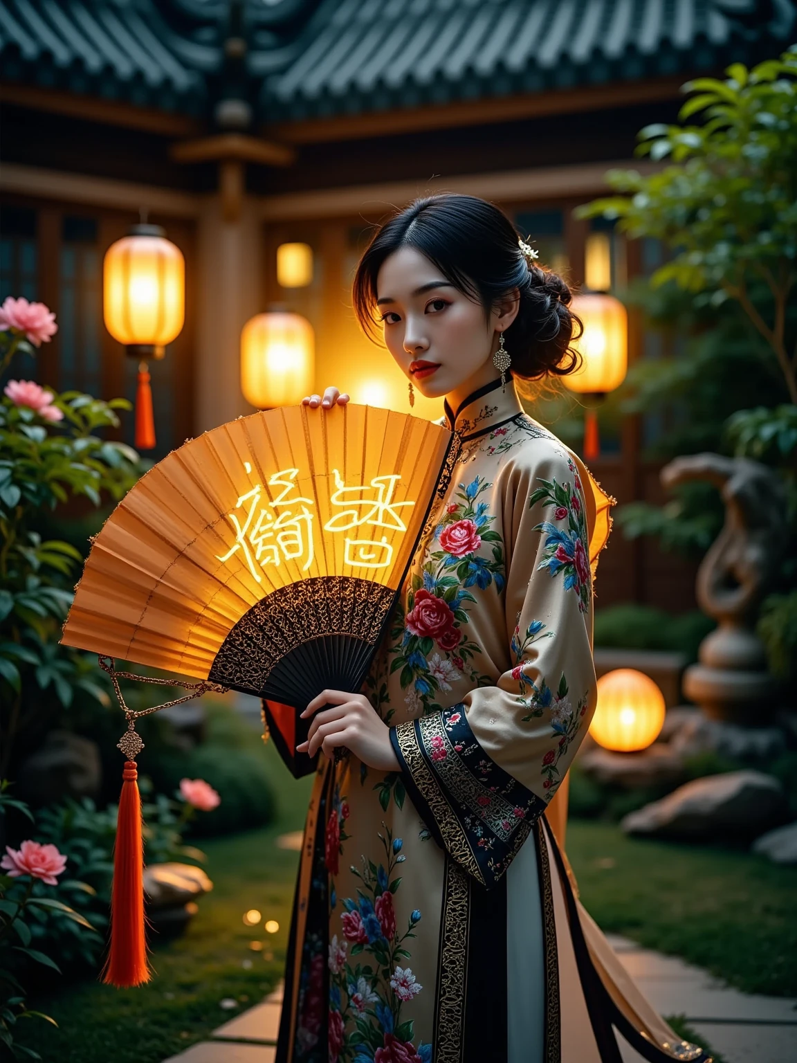  This is a surreal portrait ， depicts a luxurious 、Futuristic、 A sophisticated Chinese woman standing in a high-tech garden illuminated by soft nighttime lighting。 She holds an extraordinary bionic fan ， made of a flexible light-emitting LED panel ， with glowing Chinese characters ， emits mysterious fluorescence 。 The fan covers part of her face ，, you can only see her sharp and expressive eyes ，Exudes elegance and mystery， and her quasi-bionic hairstyle inspired by Chinese alien galaxy culture 。In the background， The garden is complemented by subtle futuristic elements ， like holographic flowers and softly glowing paths ， all bathed in warmth In the golden light ， reminiscent of a traditional lantern ， but has unprecedented futuristic modernity 、The beauty of fashion 。 This atmosphere conveys a seamless combination of traditional elegance and cutting-edge bionic technology ， highlights tradition and tradition The fascinating interaction of innovation 。