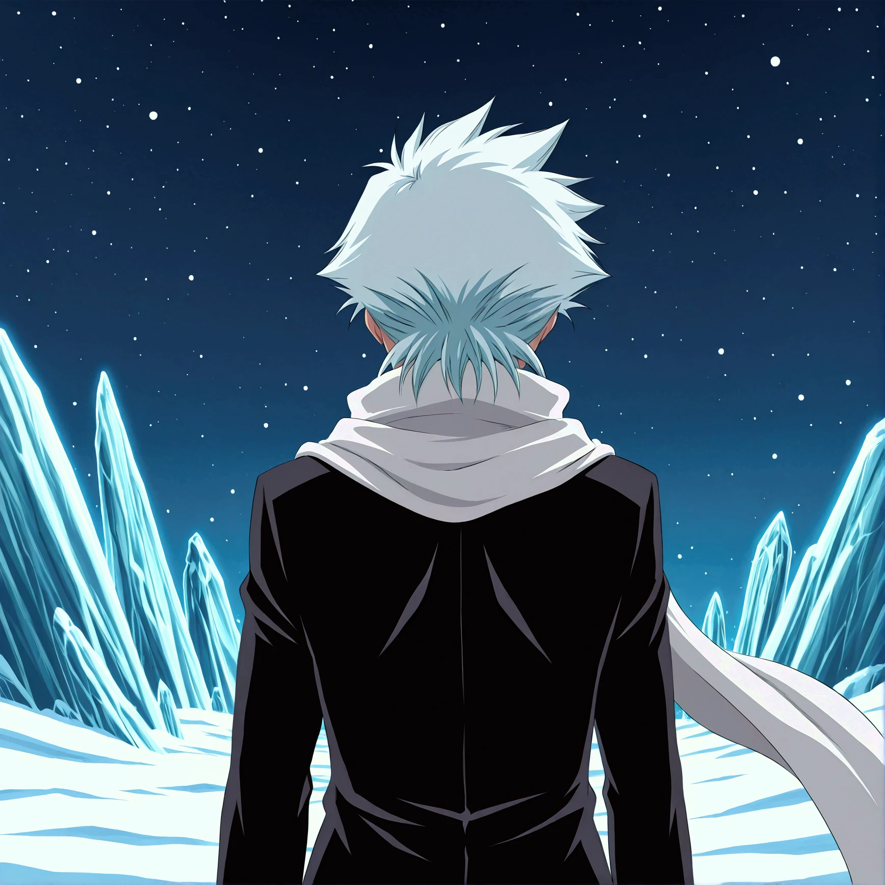  The character is turned backwards to the viewer,  kind of behind,  back view , Toshiro  _  Hitsugaya   (  anime character from the anime Bleach ),   handsome man  , elegance, confident,   dramatic composition  ,   ashy short hair  ,   Calm facial expression,   flowing scarf  ,   black and white outfit  , night sky, frostная атмосфера, ice fragments around the character , lots of ice, cold, frost,   cinematic perspective,   anime style, Toshiro  _  Hitsugaya  использует ледяную катану, solo