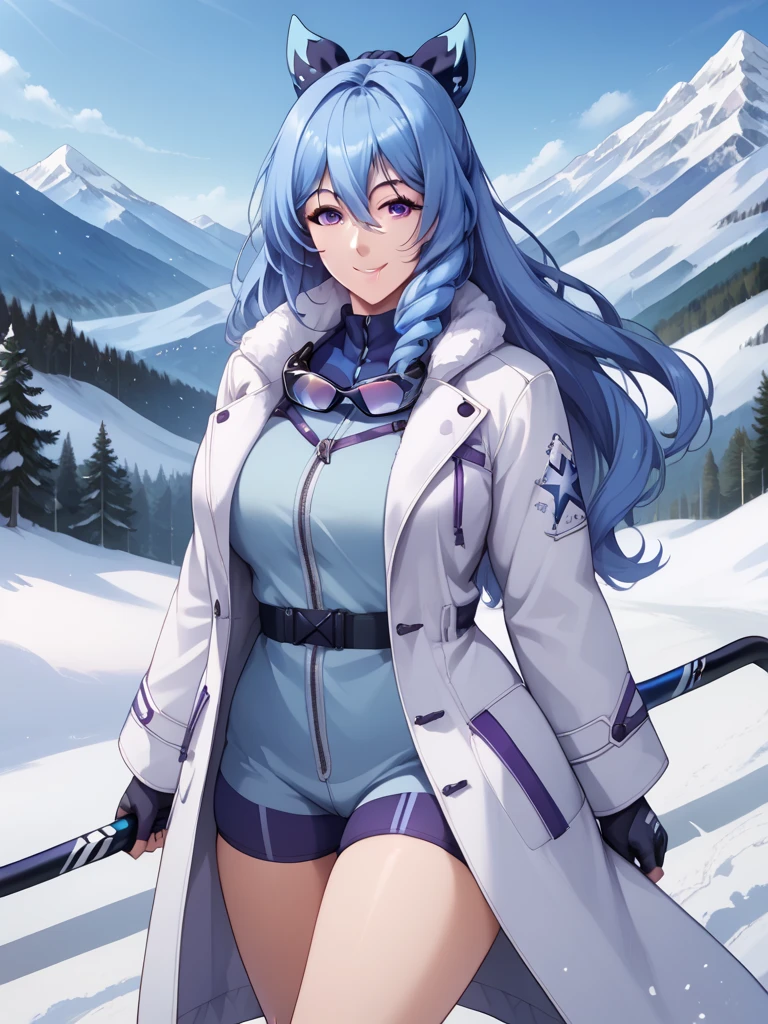 score_9, score_8_up, score_7_up, (1girl), source_anime, beautiful, MILF, mature female,  aoemai, blue hair, sidelocks, hair between eyes, purple eyes, pale skin, long hair, hair ribbon, drill sidelock, naked coat, naked jacket, ski goggles, skiing, smile, mountains, snow, snowy