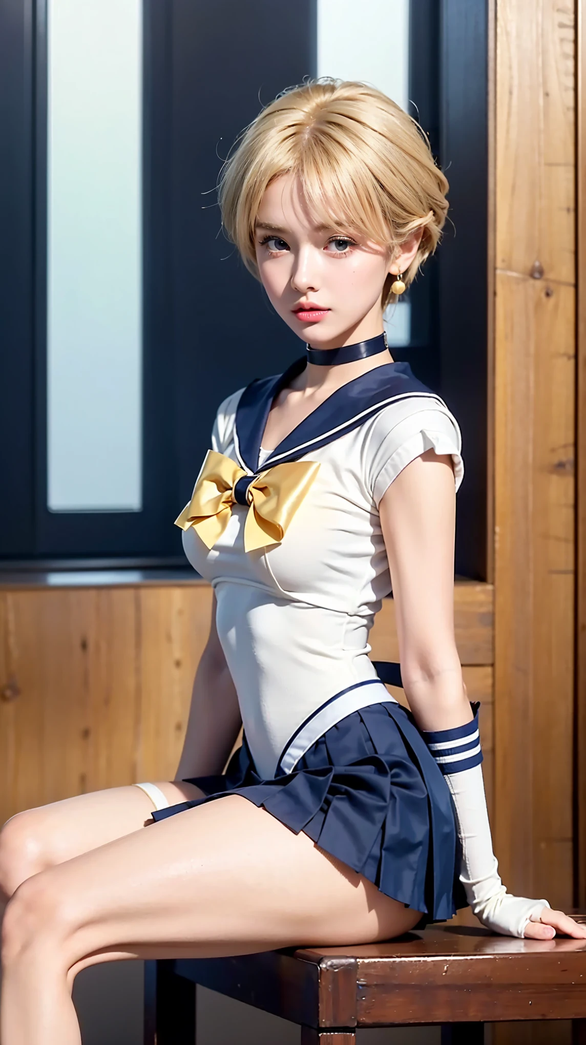 1 person, cute girl ((Thigh Emphasis)), young and beautiful Japanese woman, with large breasts, open, ((sailor soldier uniform wearing elbow)), Sailor Uranus, tie, knee-high boots, choker necklace, bow tie on the golden yellow chest, white gloves, dark blue elbow-length gloves, dark blue choker necklace, small blue pearl earrings, ((Very Short Blue Pleated Mini Skirt)), (flip skirt), (white underwear), very beautiful face,Cute type, (slightly round face), sparkling red lips, beautiful big eyes, blue eyes, large pupils, Prominent double eyelids, (natural makeup), bright soft light, (((golden blonde hair))), super short golden blonde hair, Hair details: Asymmetrical short bob hairstyle, Short ending above the neck, Golden light blonde color, A bob style with slightly inward-curving ends, giving a thick and neat impression, fine and slightly wavy texture, providing a natural yet well-groomed look. The bangs are styled to the side, forming a diagonal line that frames the face.【 imaging center, 8k resolution,】 Attention to Detail, detailed hairstyle, detailed aspects,Writing a script for a movie, super realistic, anatomically accurate, perfect figure,Beautiful legs, thick thighs, Large breasts, (provocative and dynamic pose), blonde hair, (hands drawn perfectly):3.8, realistic Japanese girl cosplayer. More details on the shape and color should match the realistic reference image.