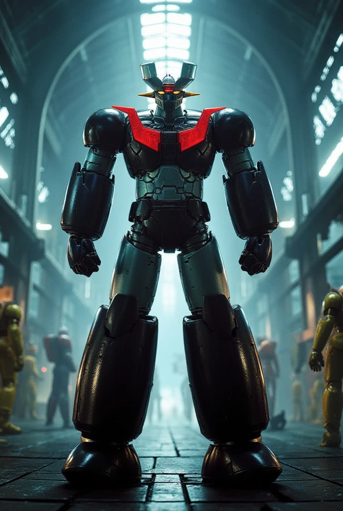  very realistic version of the modified Mazinger Z ,  with a 100 meter high Great Mazinger standing in a combat position .   It's built with modern materials such as steel  ,Steel body  ,   just like the real thing  ,   has been carefully recreated 。.  set in a modern nuclear reactor facility 、 an industrial environment where a high voltage current flows and emits light   ,   Masinger Z standing around  ,   are illuminated by natural light  、  A huge structure highlighted by realistic shadows  . LED light lighting  　Gundam