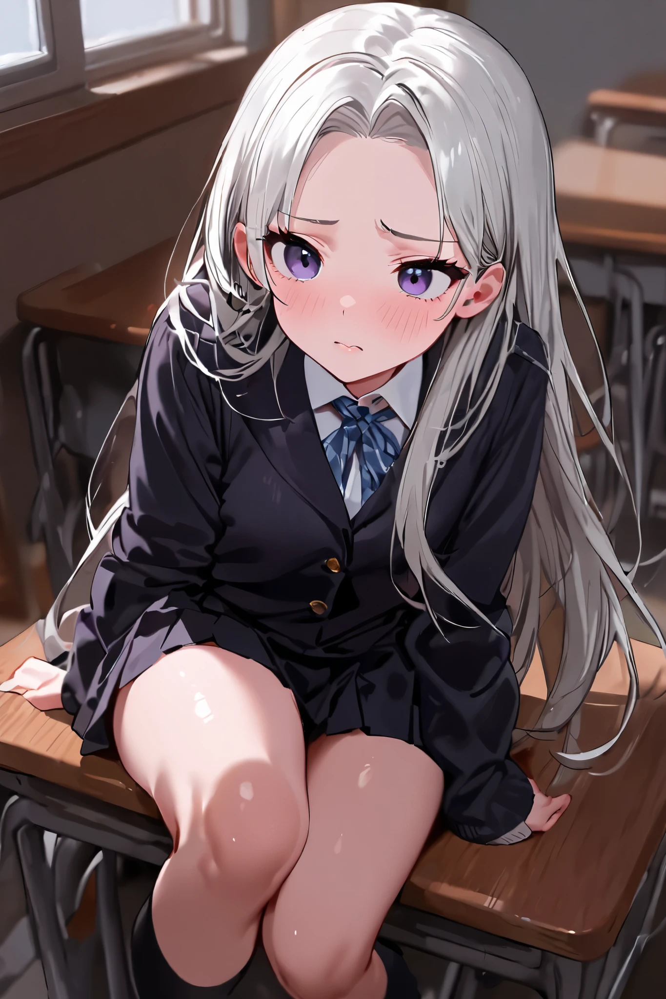 (masterpiece, beautiful,hughres,CG,8k,16k, top quality ,  high res , Detailed Fingers , detailed hands ,Detailed legs, detail eyes:1.5),Pay attention to the panties, One girl ,Alone,(classroom,School,school desk:1.5),(School uniform,White Hair, long hair on her face, straight hair, white shirt, blazer,ribbon,black tights, pleated skirt,black skirt:1.2),( white panties:1.2), Big Breasts ,(Table Humping,Crotch rub:1.4),( Cover your mouth with bubbles,  cover one's mouth :1.2),( female orgasm,  pussy juice:1.1),(  above S:1.4),( out of breath , heavy breathing,:1.5),(Impatience 1 .1), Panicked ,( fidget :1.4),( steam:1.2),( sweaty skin:1.4),( shed tears:1.2), makes me drool,( Look Down:1.4),(Speaking Heart:1.2),( squint:1.6)