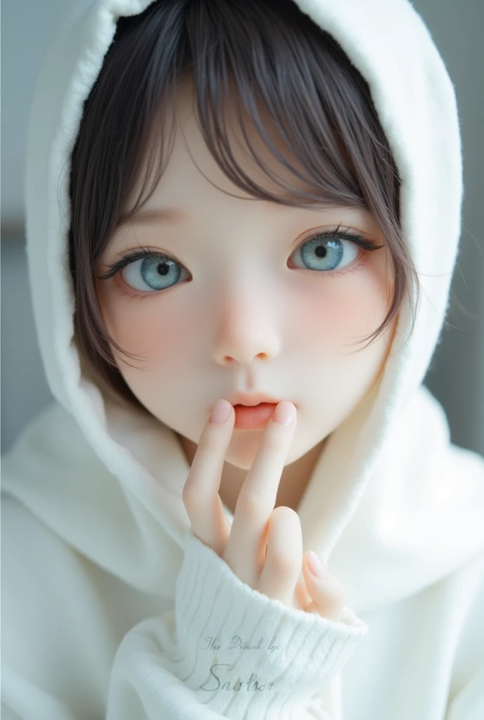  An ultra-detailed depiction of a young Asian woman ,  Ethereal character creation，Pale face , ，Softly depicts her delicate face , Giving her an angelic look .   Her expressive eyes are full of innocence and wonder , ， adds a sense of purity and tenderness to her look  .  She wears an oversized ,  The white hoodie enhances the softness of her aesthetic , The headscarf frames her face，Complement the light tones of her hair and skin. By Sasan .  Her expression is calm and slightly melancholy , Evokes tranquility, An introspective state of mind, As if lost in thought.  The background is minimal and the lighting is soft , ，The cool tones add to the serene and peaceful vibe ,   makes her delicate facial features and gentle gaze stand out  . 