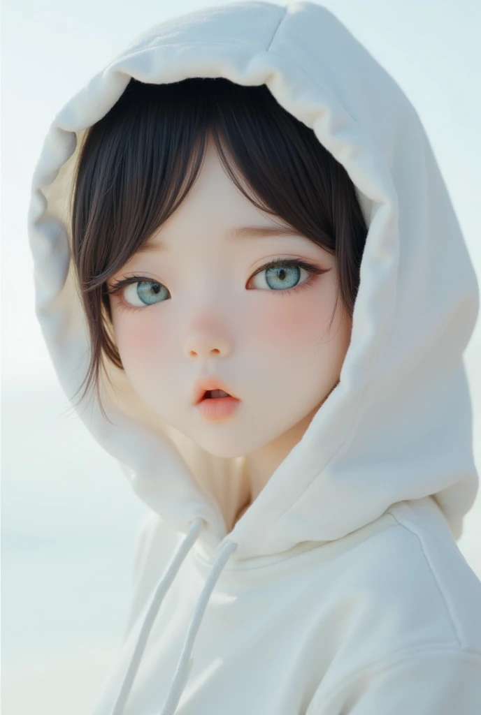  An ultra-detailed depiction of a young Asian woman ,  Ethereal character creation，Pale face , ，Softly depicts her delicate face , Giving her an angelic look .   Her expressive eyes are full of innocence and wonder , ， adds a sense of purity and tenderness to her look  .  She wears an oversized ,  The white hoodie enhances the softness of her aesthetic , The headscarf frames her face，Complement the light tones of her hair and skin. By Sasan .  Her expression is calm and slightly melancholy , Evokes tranquility, An introspective state of mind, As if lost in thought.  The background is minimal and the lighting is soft , ，The cool tones add to the serene and peaceful vibe ,   makes her delicate facial features and gentle gaze stand out  . 