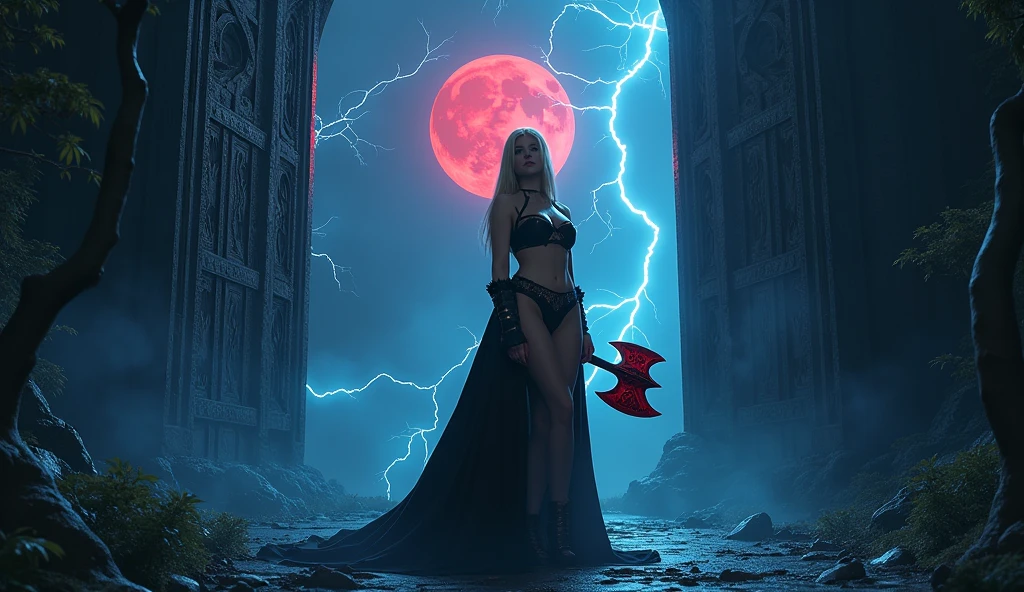 In this masterpiece, a stunning (Clara Morgane in sexy reaper cosplay:1.3), stands at the center of the frame, radiating an aura of mystique and beauty. The ultra-detailed 4K image presents her in front of a (black mana vortex:1.3) framed by the (huge gates of the realm of the dead:1.3), in the center of a necropolis surrounded by a dark jungle. The pitch-black night is lit by a few blue lightning bolts and a blood-red moon. The volumetric lighting casts a warm glow on her porcelain skin, accentuating the intricate details of her (sexy Armor of death). Her straight blonde hair is gorgeous, framing her charming smile and captivating cleavage. The mesmerizing atmosphere is punctuated by (blue thunderstorms and lightning) in the surreal dark sky, as if the heavens themselves are summoning her presence. The composition masterfully balances depth and complexity, drawing the viewer's eye to the perfect body, with its impeccable anatomy and tantalizing pose. (Charming smile), (Beautiful Big tits:1.3), (Finely crafted black tiara), She holds a huge scythe covered in blood red runes in her hand. (Photorealistic), (Dark theme). (Beautiful naked navel:1.5). Her high-quality sexy armor, composed of a (black bikini) and (pieces decorated with skulls), (blue eyes), (blond hair)