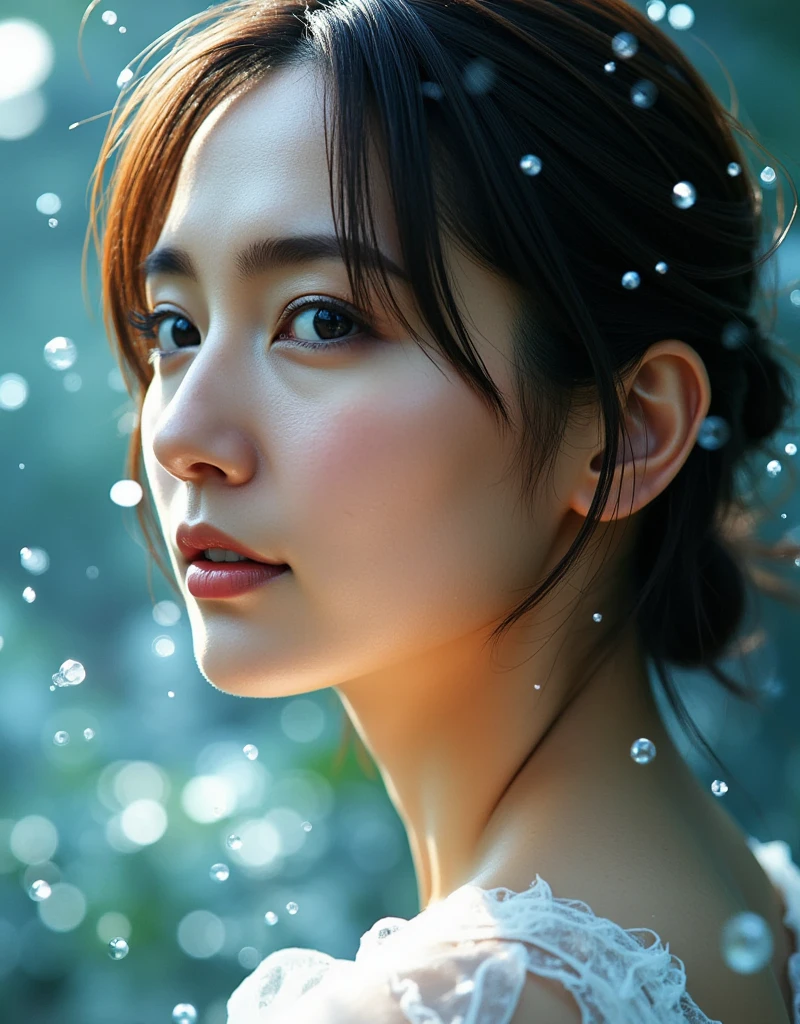 A hyper-realistic (close-up profile portrait: 1.6), (a side-on shot of the woman's face: 1.7) portrait of a young woman with delicate features and expressive blue eyes, illuminated with ethereal teal and orange lighting. Her skin is glistening with dew, creating a dreamy, dreamy atmosphere. The background is a soft teal and blue bokeh effect, enhancing the magical atmosphere. Crystal-like debris floats around the woman, in the foreground and background, reflecting the light and casting tiny sparkles. Her dark hair is slightly disheveled, blending naturally with the shimmering surroundings. The composition conveys an otherworldly beauty and tranquility, fusing realism and fantasy. Rendered in ultra-high definition, with enhanced texture, reflections and depth. Blurred foreground, blurred background,