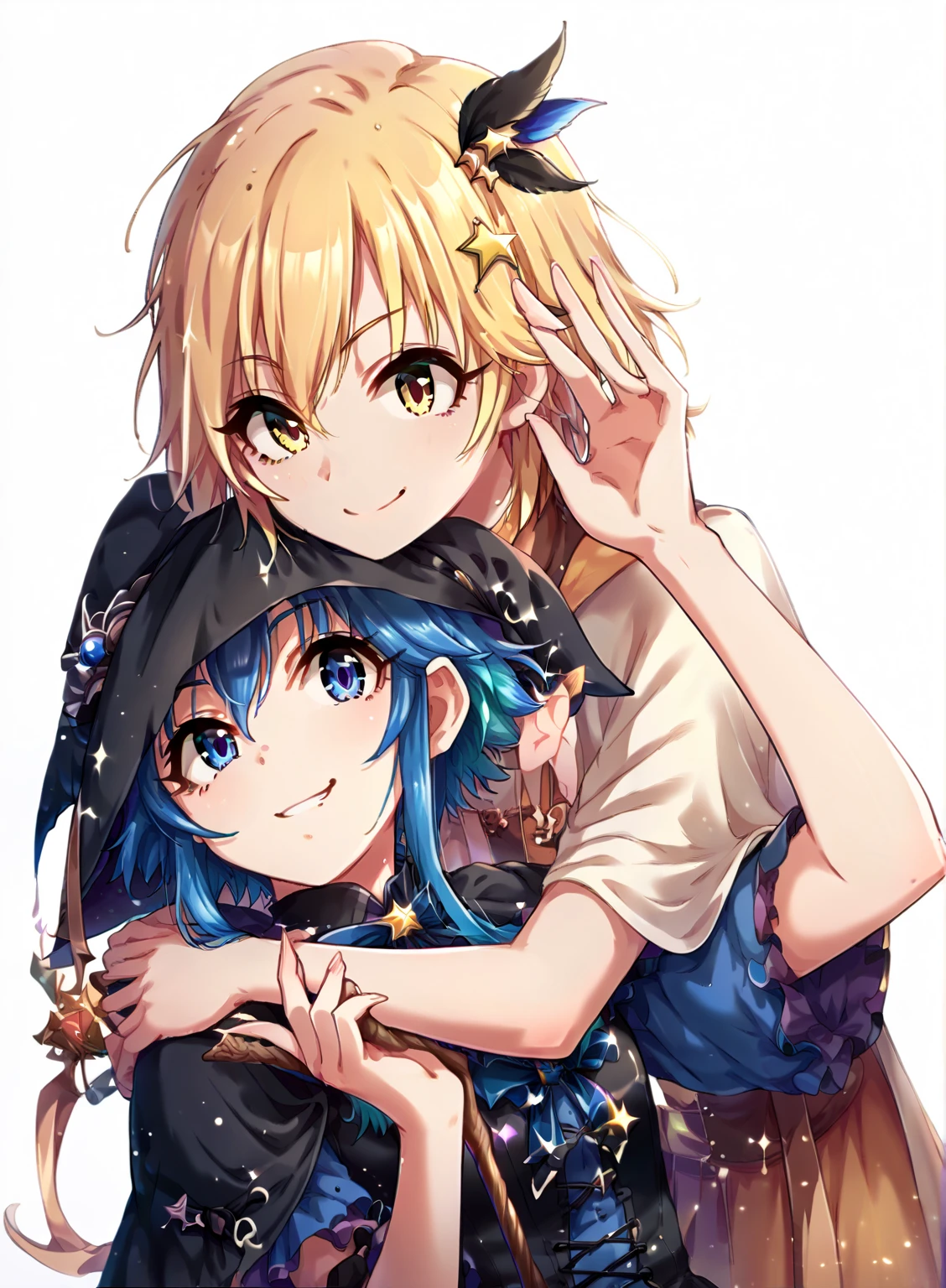 two female anime style characters, magical girl costumes, bow, capelet, witch hat, 2girls, holding a wand. first girl (long hair, blonde hair, soft hair, witch hat, blue eyes, smile) second girl with (short hair, blue hair, witch hat, yellow eyes, smile)