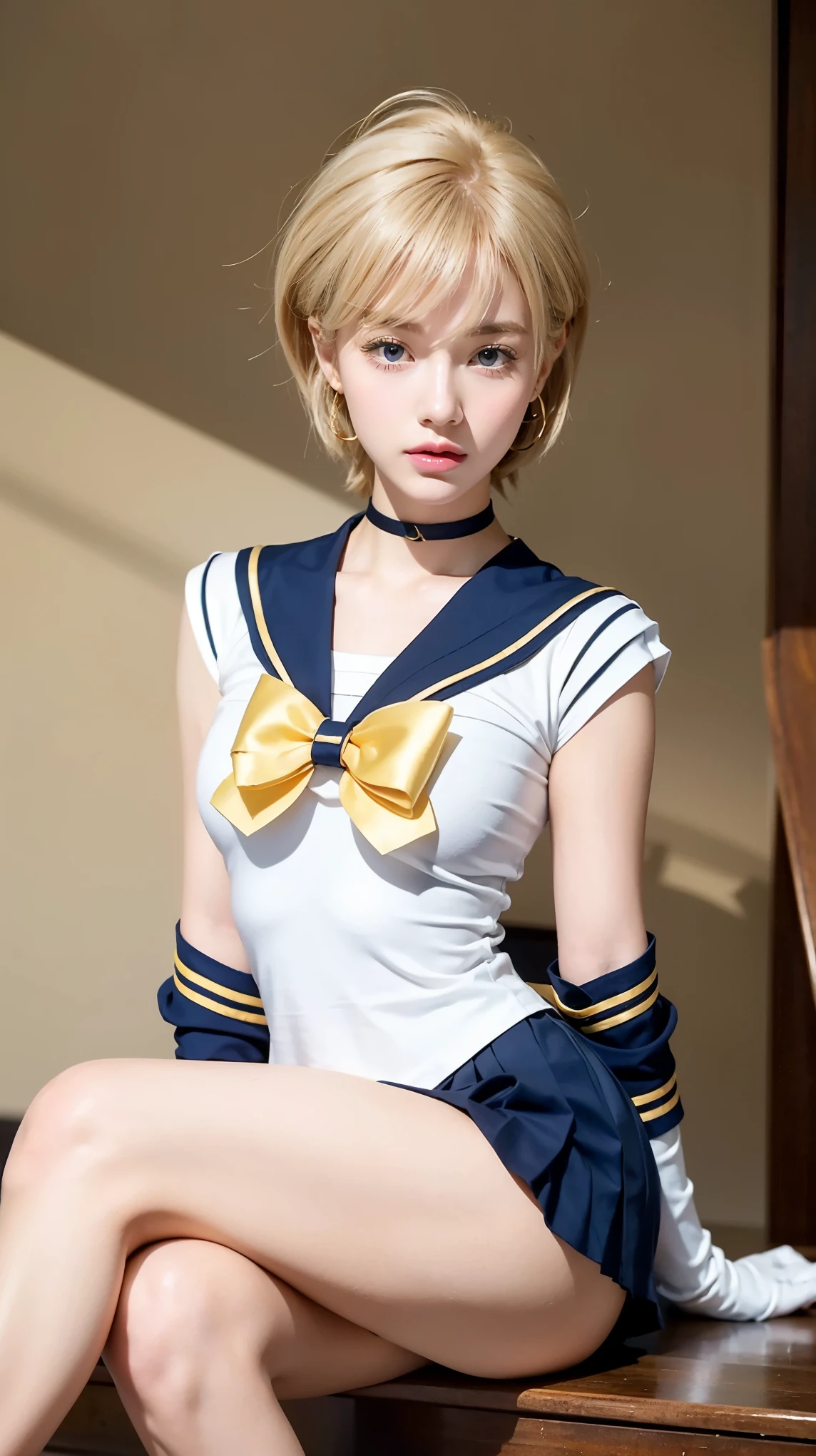 1 person, cute girl ((Thigh Emphasis)), young and beautiful Japanese woman, with large breasts, open, ((sailor soldier uniform wearing elbow)), Sailor Uranus, tie, knee-high boots, choker necklace, bow tie on the golden yellow chest, white gloves, dark blue elbow-length gloves, dark blue choker necklace, small blue pearl earrings, ((Very Short Blue Pleated Mini Skirt)), (flip skirt), (white underwear), very beautiful face,Cute type, (slightly round face), sparkling red lips, beautiful big eyes, blue eyes, large pupils, Prominent double eyelids, (natural makeup), bright soft light, (((golden blonde hair))), super short golden blonde hair, Hair details: Asymmetrical short bob hairstyle, Short ending above the neck, Golden light blonde color, A bob style with slightly inward-curving ends, giving a thick and neat impression, fine and slightly wavy texture, providing a natural yet well-groomed look. The bangs are styled to the side, forming a diagonal line that frames the face.【 imaging center, 8k resolution,】 Attention to Detail, detailed hairstyle, detailed aspects,Writing a script for a movie, super realistic, anatomically accurate, perfect figure,Beautiful legs, thick thighs, Large breasts, (provocative and dynamic pose), blonde hair, (hands drawn perfectly):3.8, realistic Japanese girl cosplayer. More details on the shape and color should match the realistic reference image.