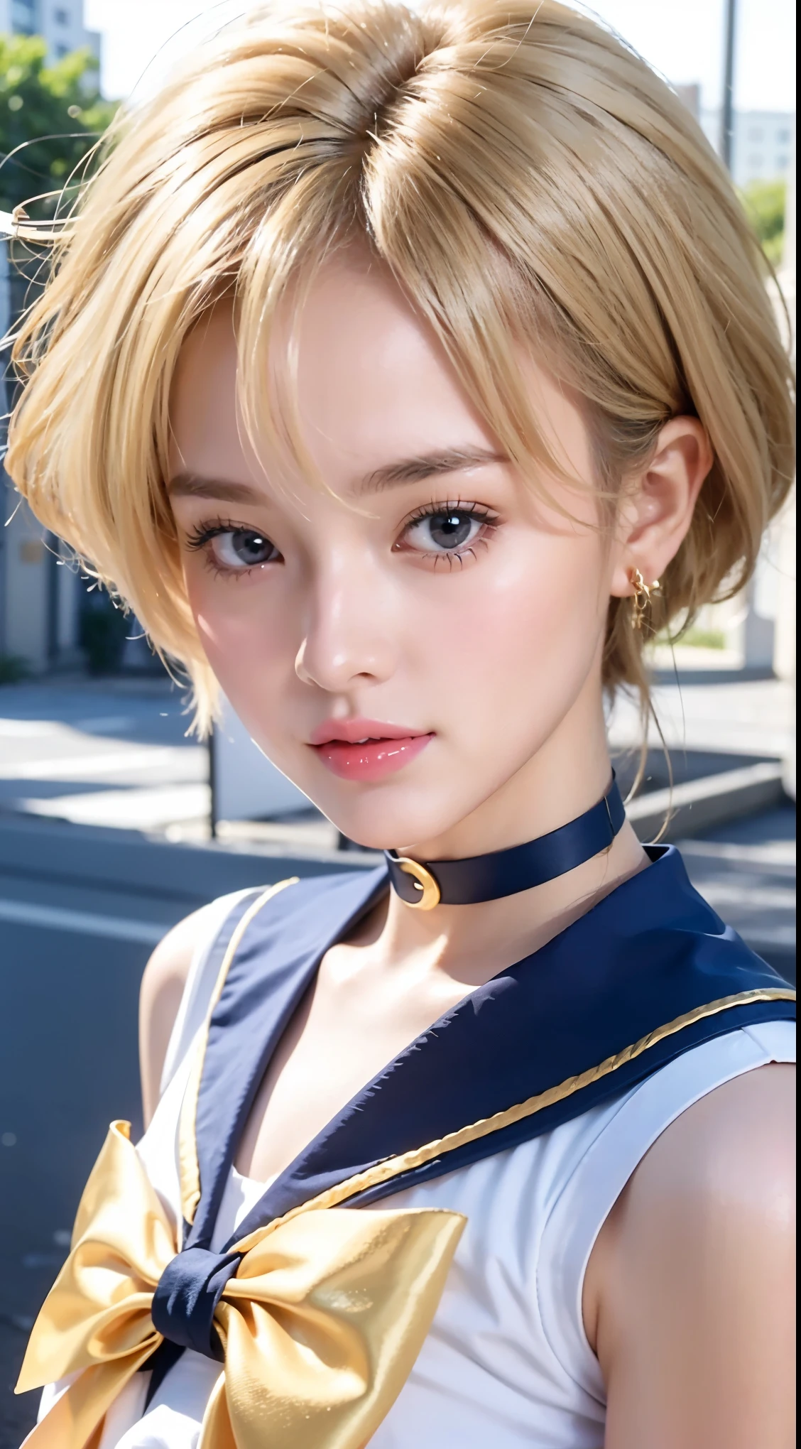 1 person, cute girl ((Thigh Emphasis)), young and beautiful Japanese woman, with large breasts, open, ((sailor soldier uniform wearing elbow)), Sailor Uranus, tie, knee-high boots, choker necklace, bow tie on the golden yellow chest, white gloves, dark blue elbow-length gloves, dark blue choker necklace, small blue pearl earrings, ((Very Short Blue Pleated Mini Skirt)), (flip skirt), (white underwear), very beautiful face,Cute type, (slightly round face), sparkling red lips, beautiful big eyes, blue eyes, large pupils, Prominent double eyelids, (natural makeup), bright soft light, (((golden blonde hair))), super short golden blonde hair, Hair details: Asymmetrical short bob hairstyle, Short ending above the neck, Golden light blonde color, A bob style with slightly inward-curving ends, giving a thick and neat impression, fine and slightly wavy texture, providing a natural yet well-groomed look. The bangs are styled to the side, forming a diagonal line that frames the face.【 imaging center, 8k resolution,】 Attention to Detail, detailed hairstyle, detailed aspects,Writing a script for a movie, super realistic, anatomically accurate, perfect figure,Beautiful legs, thick thighs, Large breasts, (provocative and dynamic pose), blonde hair, (hands drawn perfectly):3.8, realistic Japanese girl cosplayer. More details on the shape and color should match the realistic reference image.