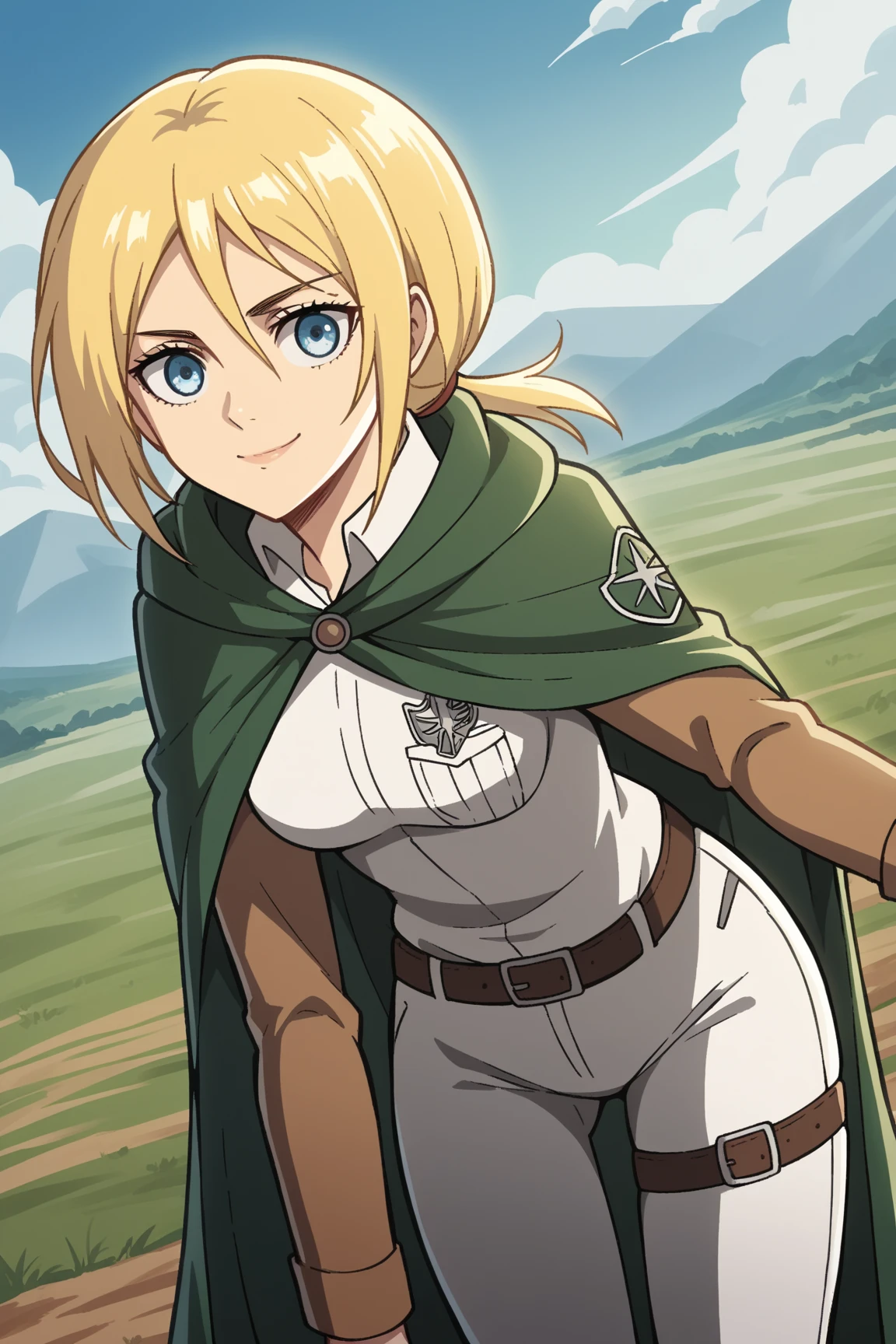 score_9, score_8_up, score_7_up, source_anime, krista lenz, long hair, blue eyes, blonde hair, ponytail, low-tied ponytail, medium breasts,, paradis military uniform, belt, cloack, cropped jacket, emblem, green cloak, jacket, long sleeves, pants, shirt, thigh strap, uniform, white pants, white shirt, brown jacket,, landscape, bent over, smile, looking at viewer, solo,, cowboy shot, dutch angle