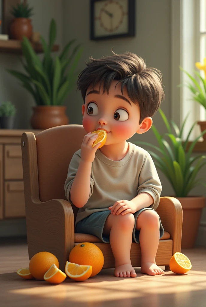 A 9-year-old boy eating a loaf of bread , no estilo disney pixar, illuminated by the light of a lamp, contra o pano de fundo de uma sala