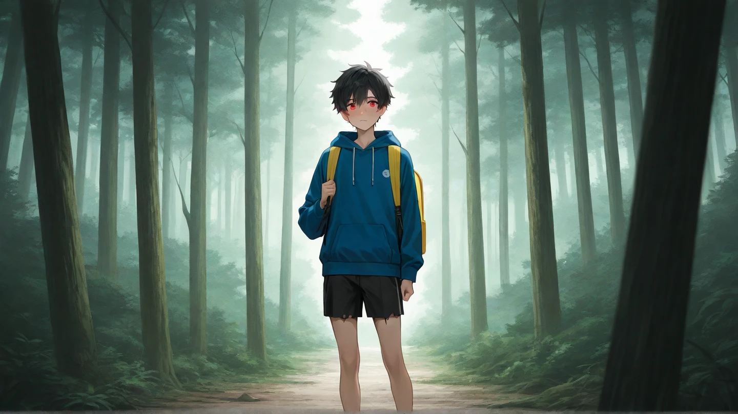 One lone black hair male protagonist who is 18 years old. He is six feet, he has red eyes, a handsome face, slim body, wearing a blue hoodie and a yellow backpack. The male protagonist has minor bruises over his face and his clothes are all torn up. He is standing in the middle of a thick, dense forest and he is looking clueless at which direction he should go to as he is lost. 