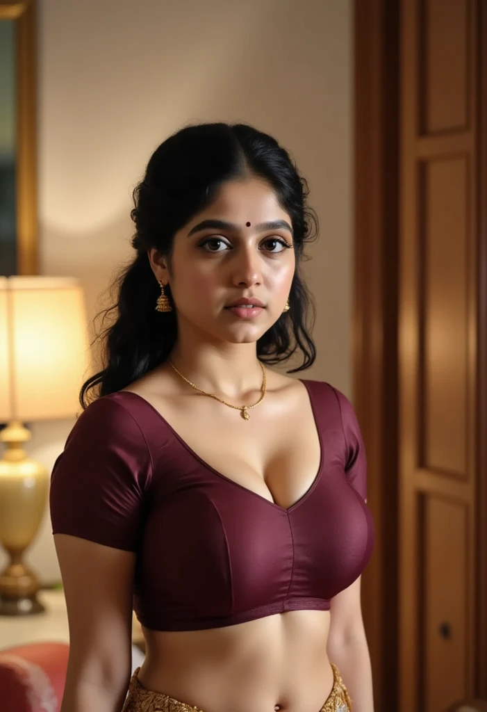 skinny but fit 21 year old girl ,full body portrait, standing in bedroom, wearing navel chain, sexy blouses, breasts,  different colour sarees, fit and curvy body, sleeveless blouse, costly room, bangles in hand, bindi in forehead, 8k, thick thighs intricate details big
