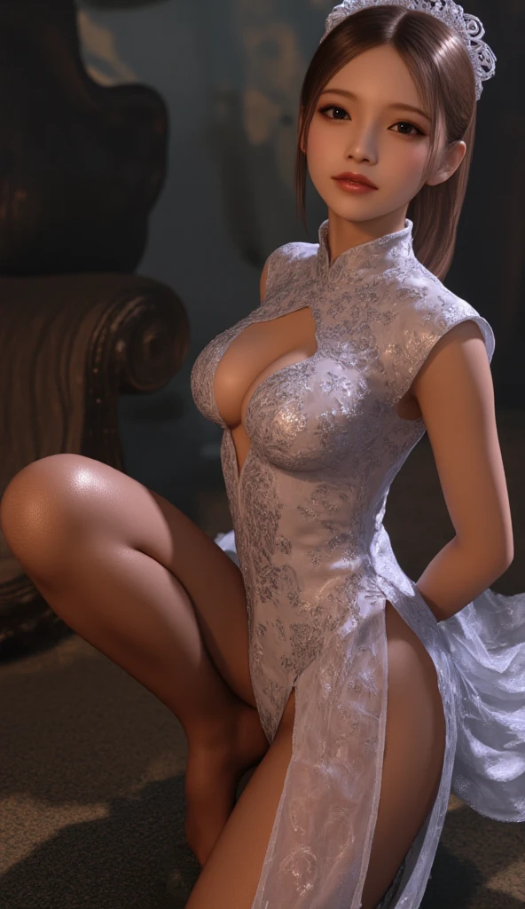nighttime,full body,KOF:Mai Shiranui ,(((Wearing White wedding dress ))), Jewelry ,Elegant sitting posture,Masterpiece,best quality,official art,extremely detailed, 3D, Cinema 4D,8k, ( ##tattoo ##,tattoo, ~+ tattoo),(Perfect female curves, huge stacked breast),(A seductive gaze), Facing the camera, Pink lips,Delicate fingers and hands,magic hour, Rembrandt lighting, front lighting and fill lighting, hard shadow,