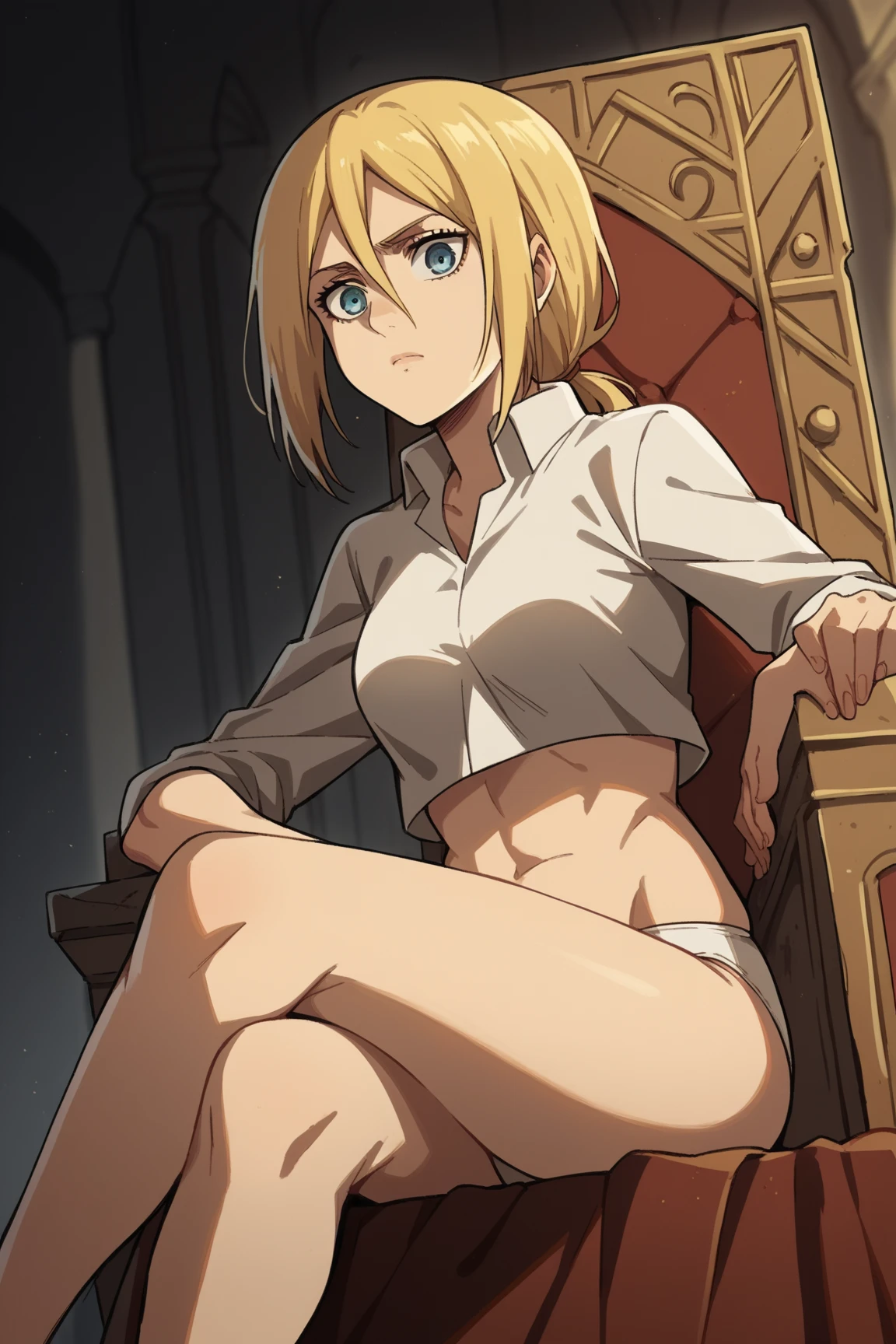 score_9, score_8_up, score_7_up, source_anime, krista lenz, long hair, blue eyes, blonde hair, ponytail, low-tied ponytail, medium breasts, sitting on a throne, wearing a loose white crop top, white panties, legs crossed