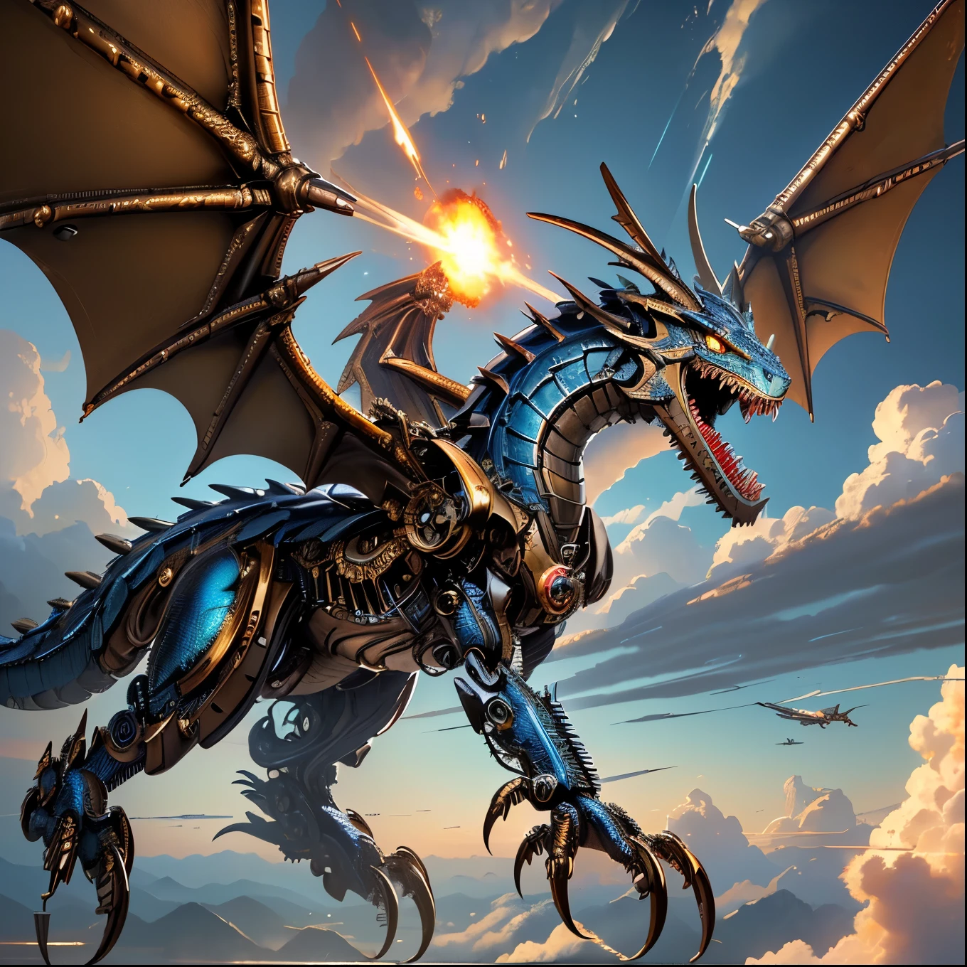 masterpiece, 8k wallpaper, 16k wallpaper, ultra high res, extreme detail and clarity, 1 dragon, (metallic blue and bronze mechanized clockwork dragon with canvas wings shooting a massive electric blast of energy from its jaws:1.5), full body shot , full body shot pov, (clockwork blue steel metallic mechanical dragon flying through the sky and clouds:1.5), (extremely metallic mechanized dragon with screws, bolts, hinges, and rivets:1.3),